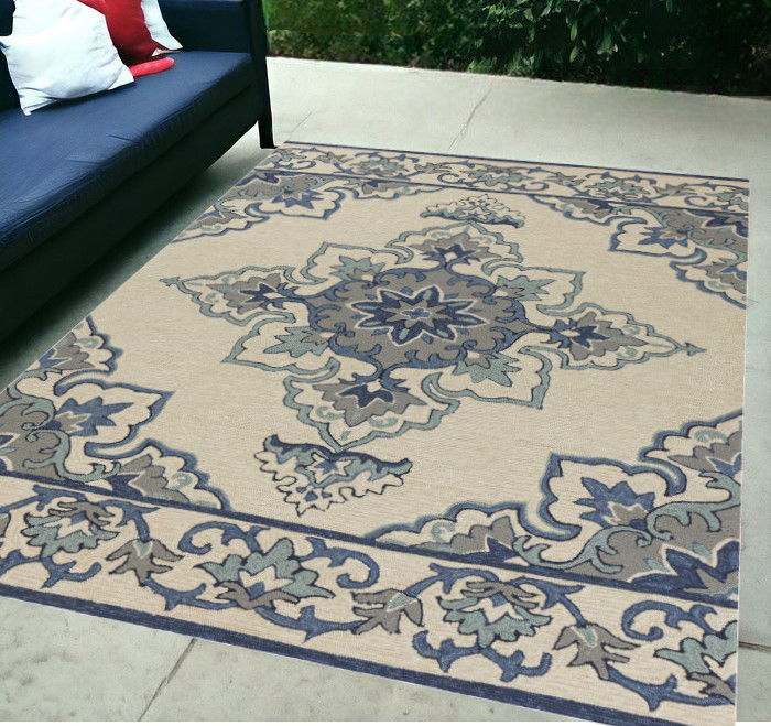 5' X 7' Vines Bordered UV Treated Indoor / Outdoor Area Rug - Ivory / Blue