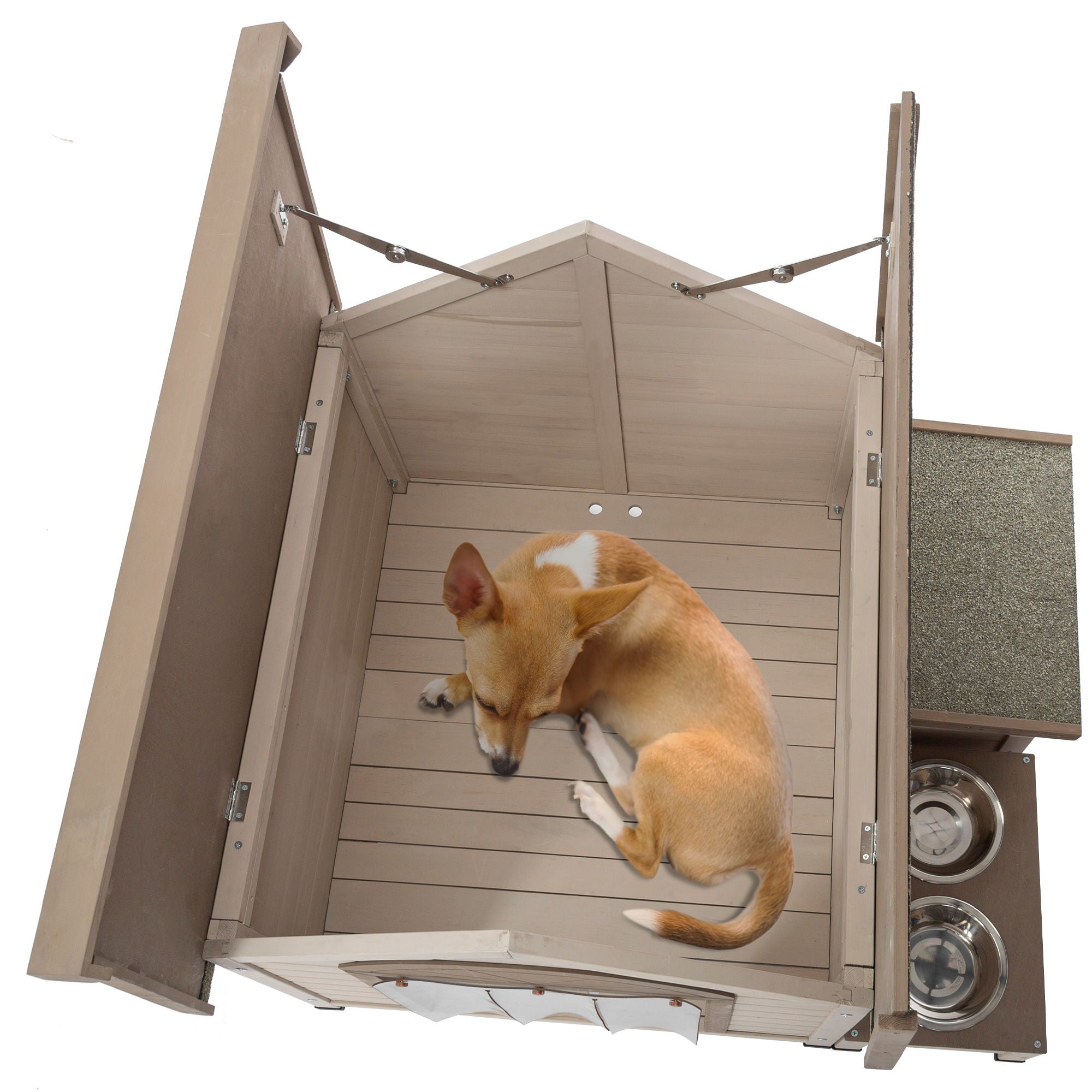 Outdoor Fir Wood Dog House With An Open Roof Ideal For Small To Medium Dogs, With Storage Box, Elevated Feeding Station With 2 Bowls. Weatherproof Asphalt Roof And Treated Wood - Cream