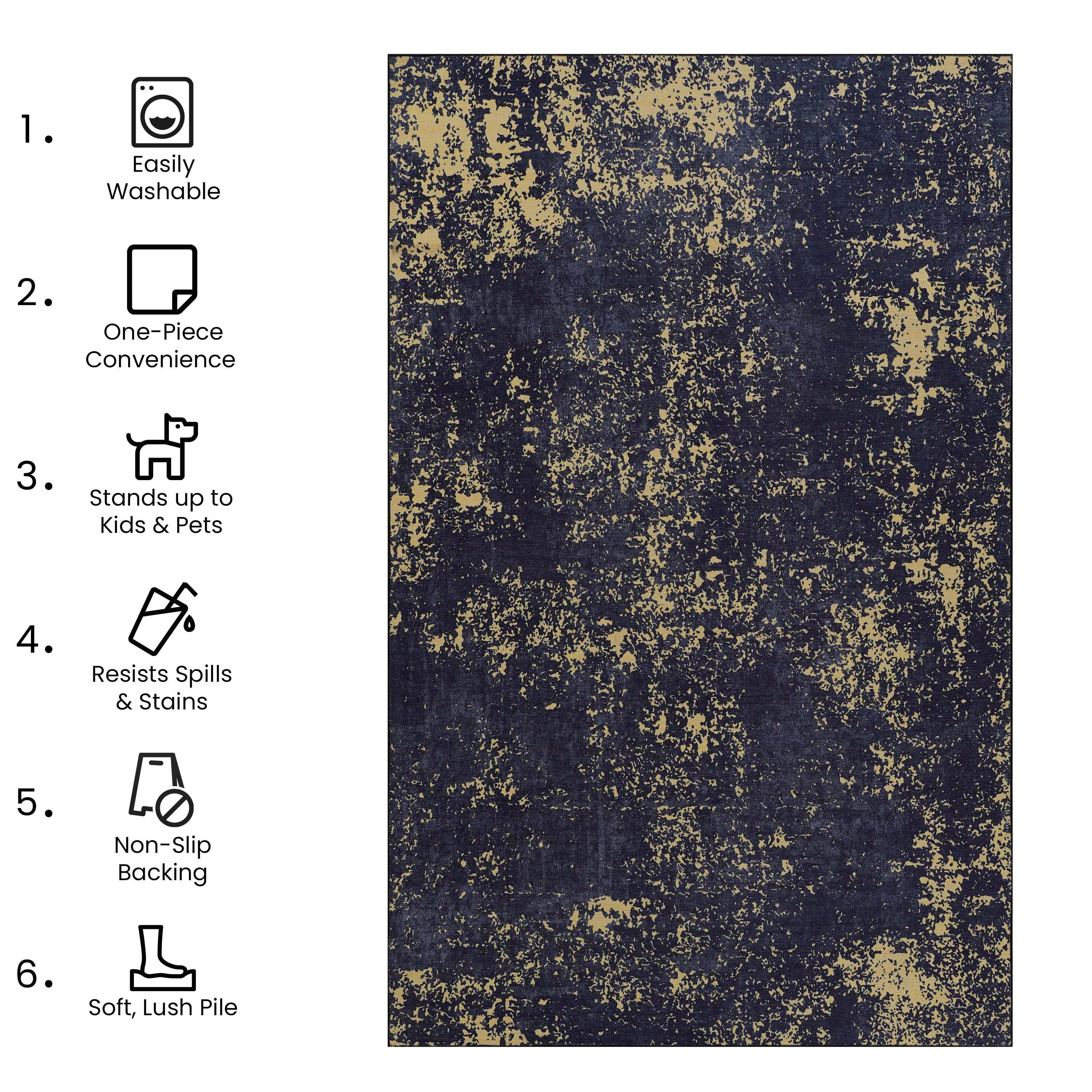 2'6'' X 10' Area Rugs, Washable, Low-Pile, Non-Slip, Non-Shedding, Foldable, Kid & Pet Friendly - Black / Gold