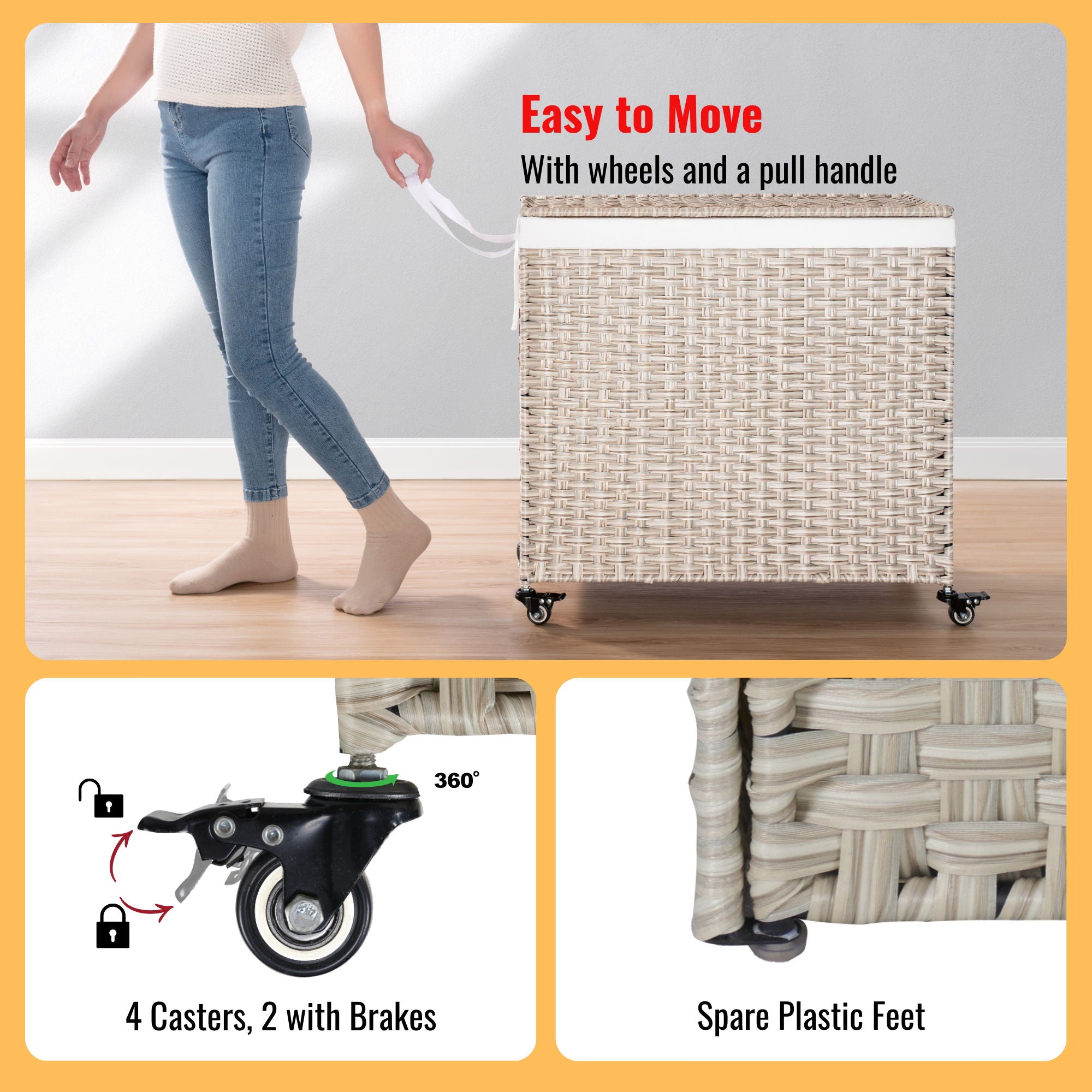 Laundry Hamper With Lid PE Rattan Powder Coating Frame Clothes Hampers With 2 Removable Bags