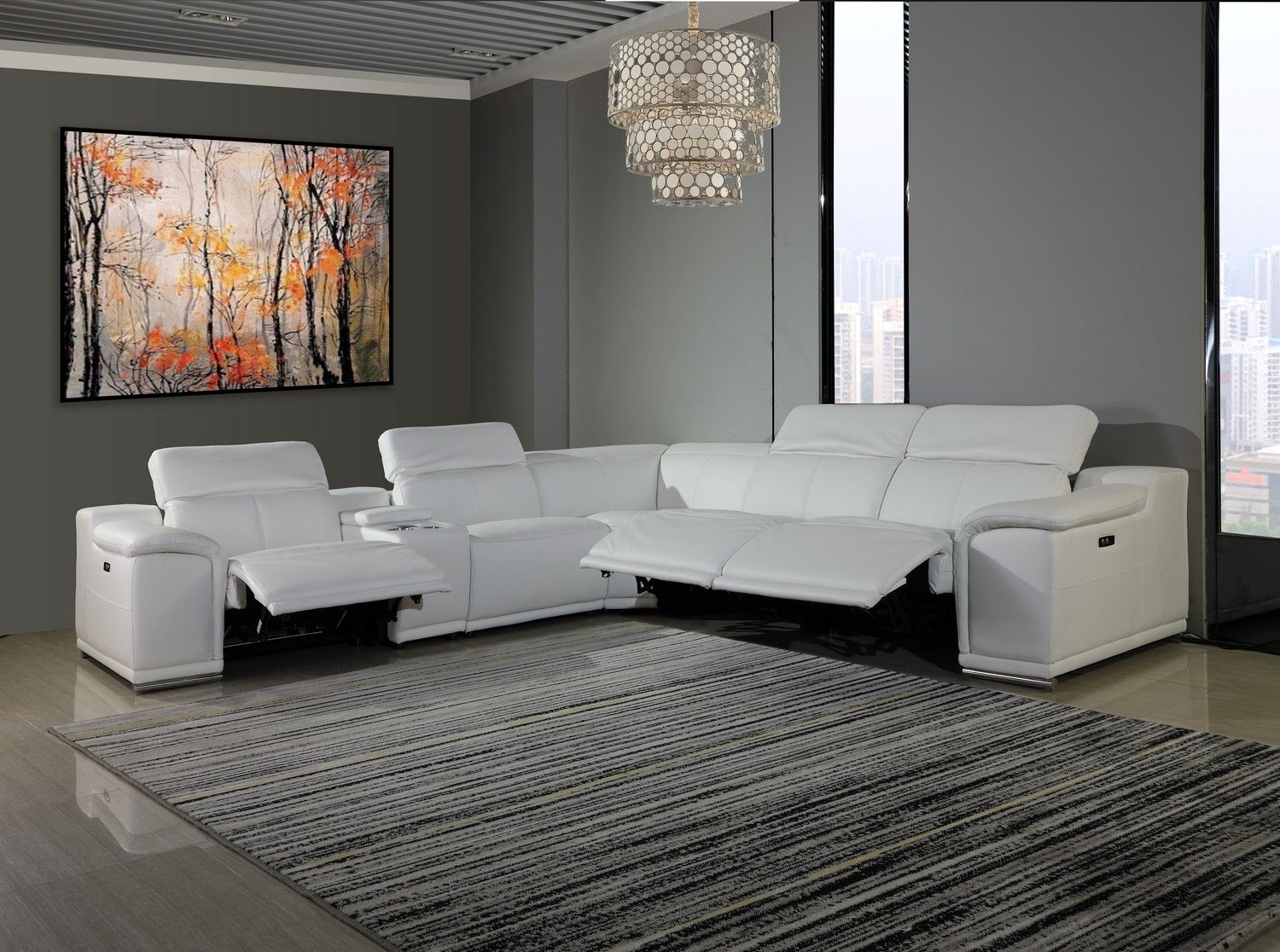 Italian Leather Power Reclining U Shaped Six Piece Corner Sectional With Console - White