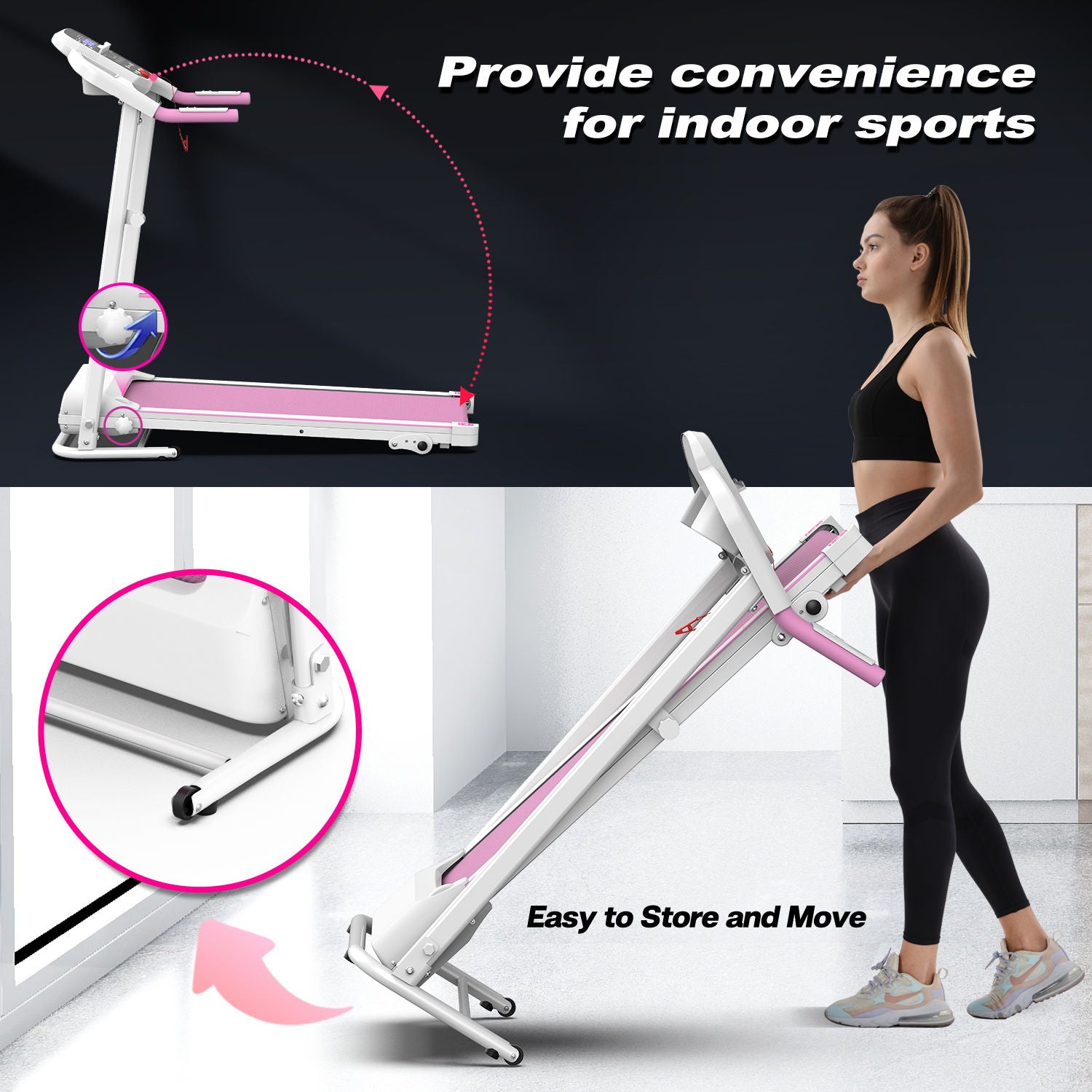 Foldable Treadmill 2.5Hp Electric Folding Treadmill Running Walking Machine For Home Gym, Max 265 Lbs Weight Capacity - Pink / White