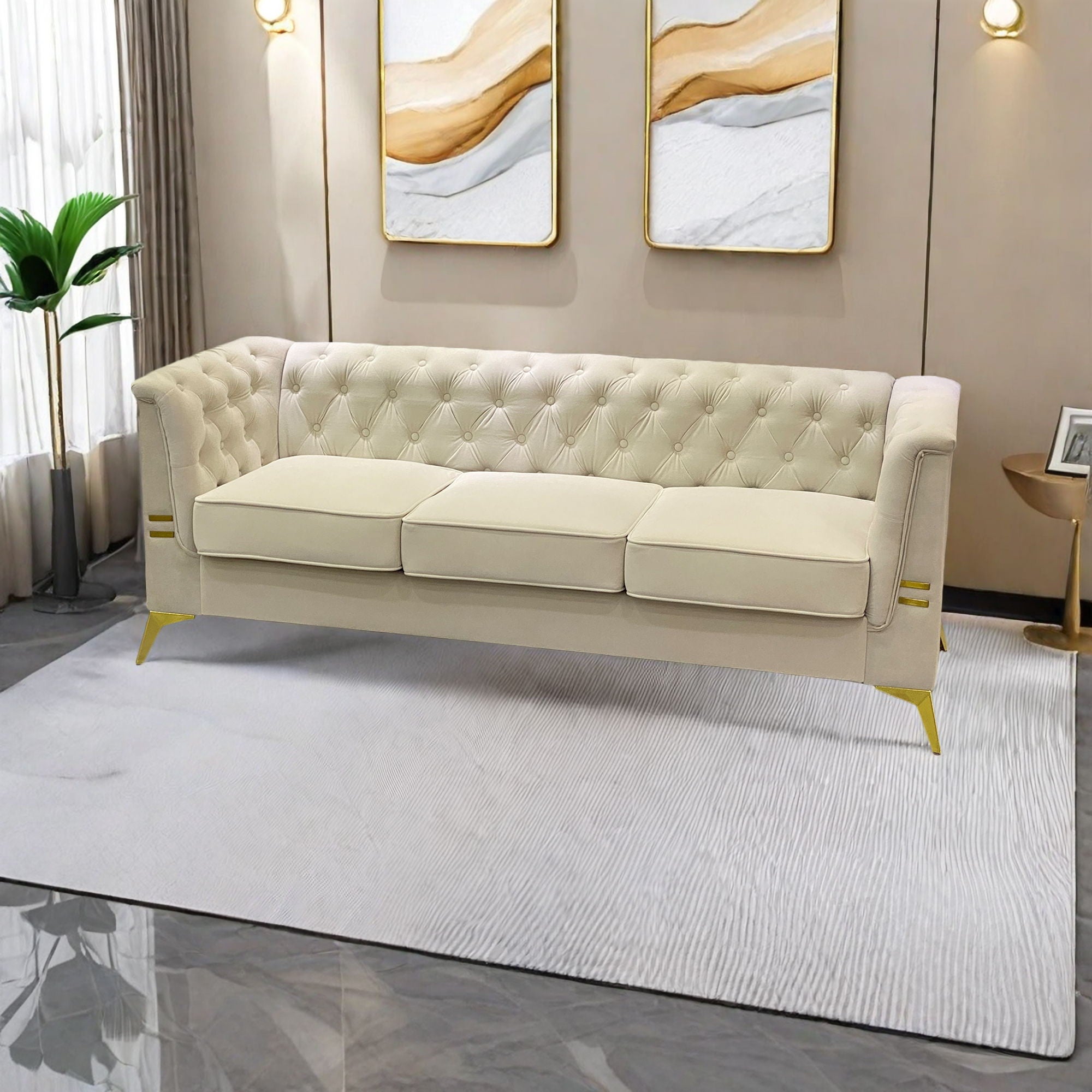 Luxurious Velvet Sofa With Gold Legs, Modern Chesterfield Design, Tufted Upholstery, 3 Seat Couch For Living Room And Office