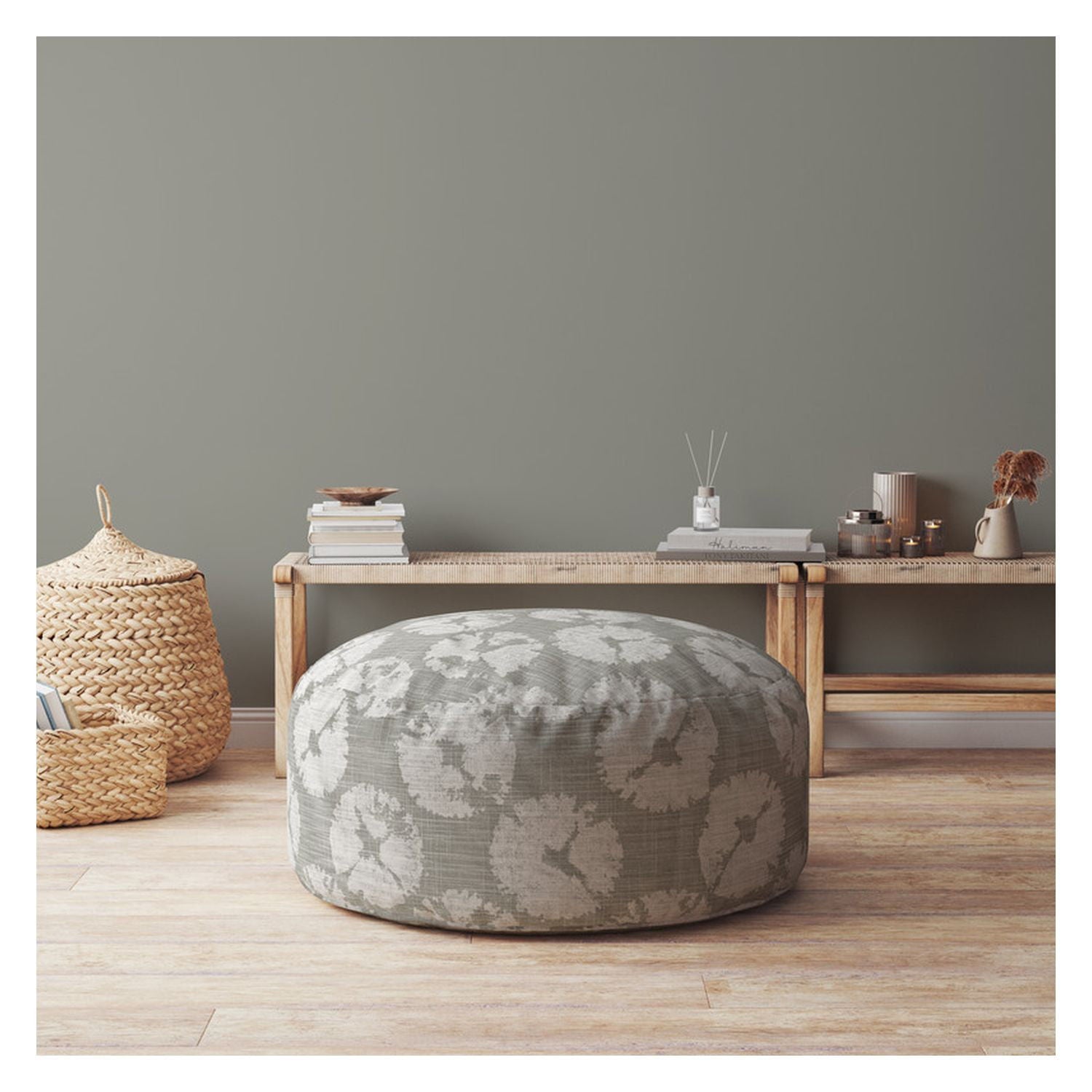 Canvas Round Floral Pouf Ottoman - Gray