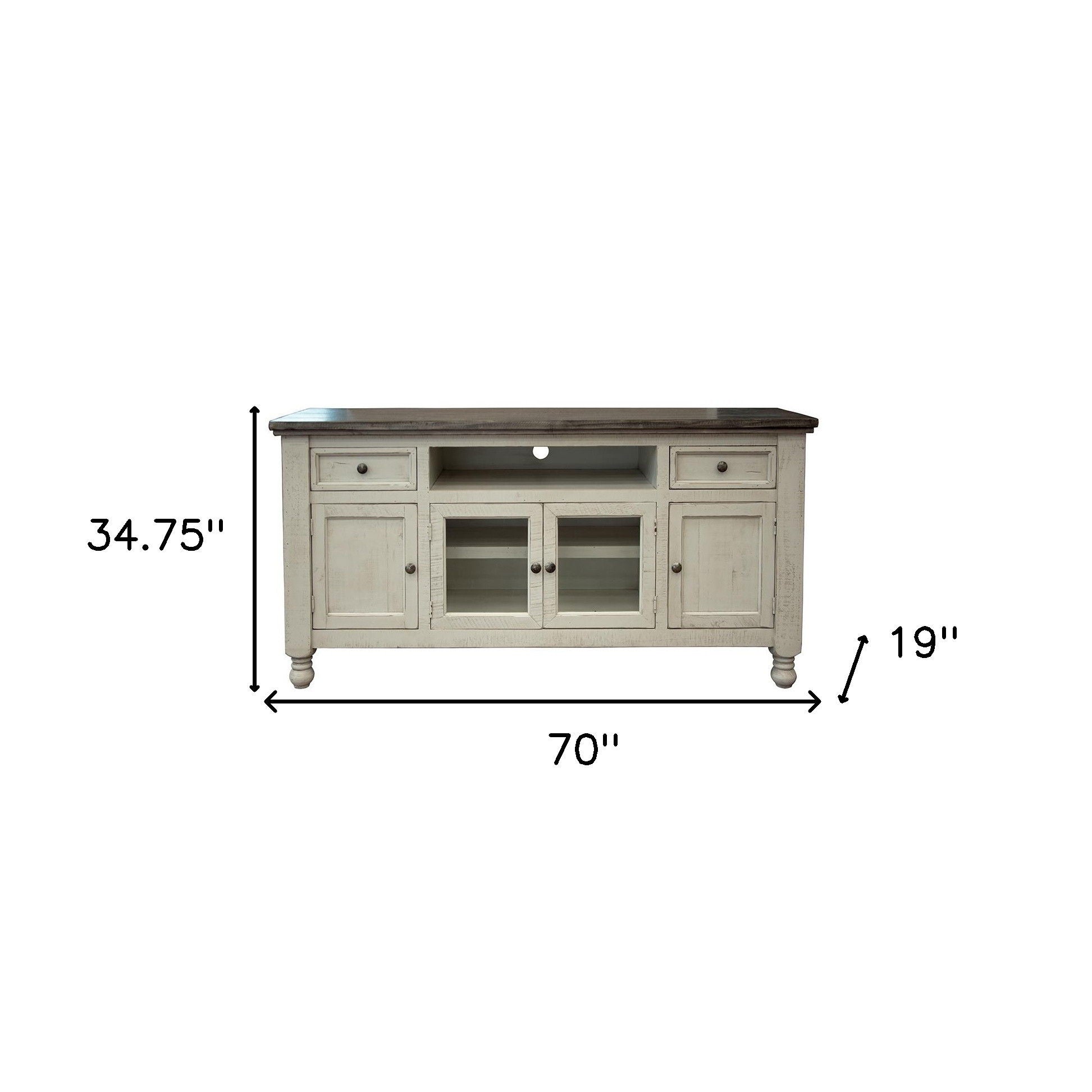 Solid Wood Open Shelving Distressed, TV Stand - Ivory