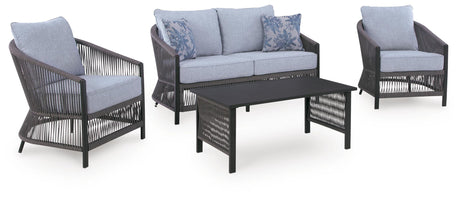 Bridges Beach - Loveseat, Lounge Chairs, Table Set (Set of 4) - Gray