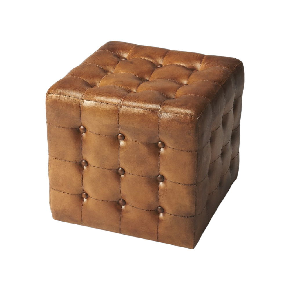 Tufted Leather Vintage Style Cube Ottoman - Brown