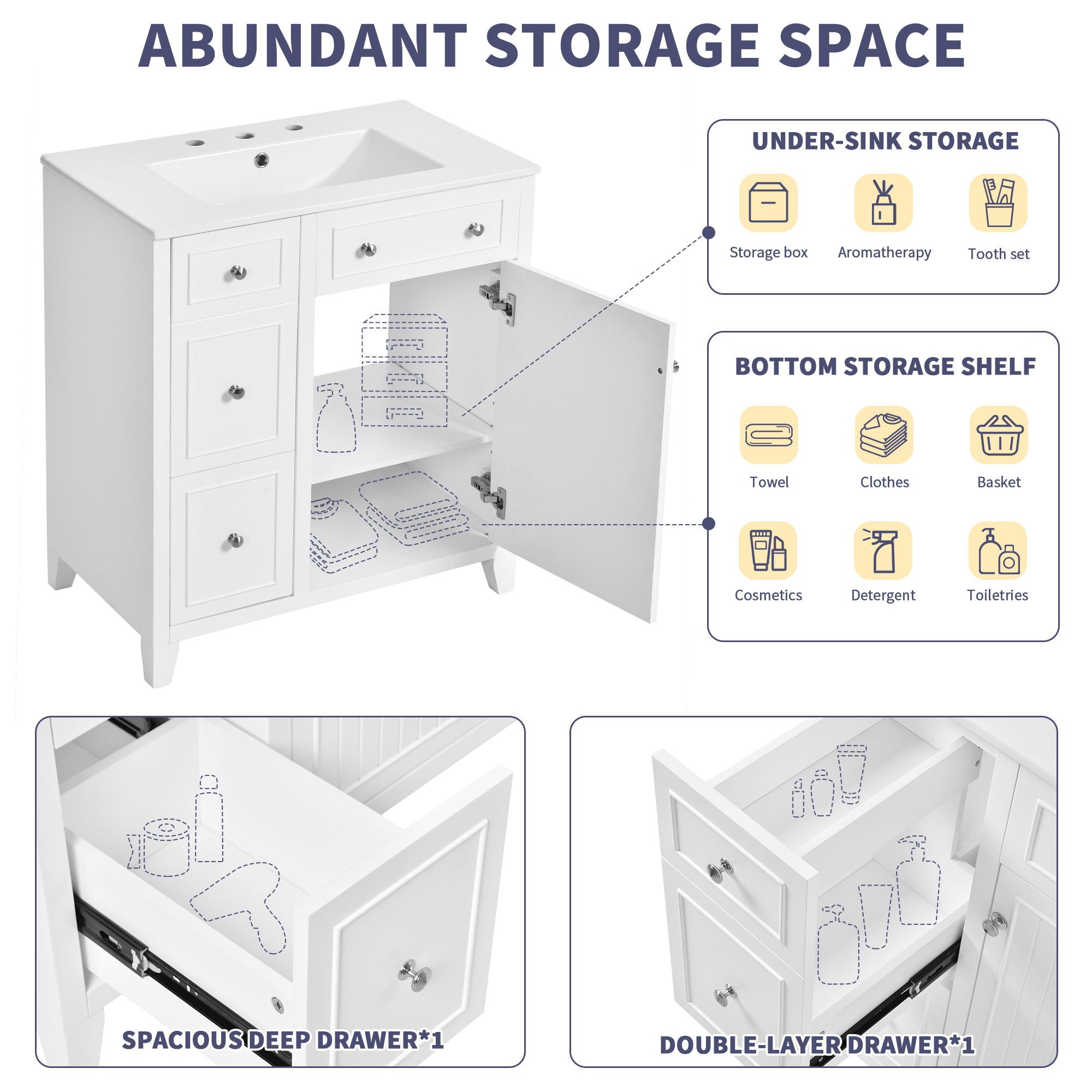 Bathroom Vanity Cabinet With Ceramic Basin, Double-Layer Drawer, Deep Drawer And Adjustable Shelf