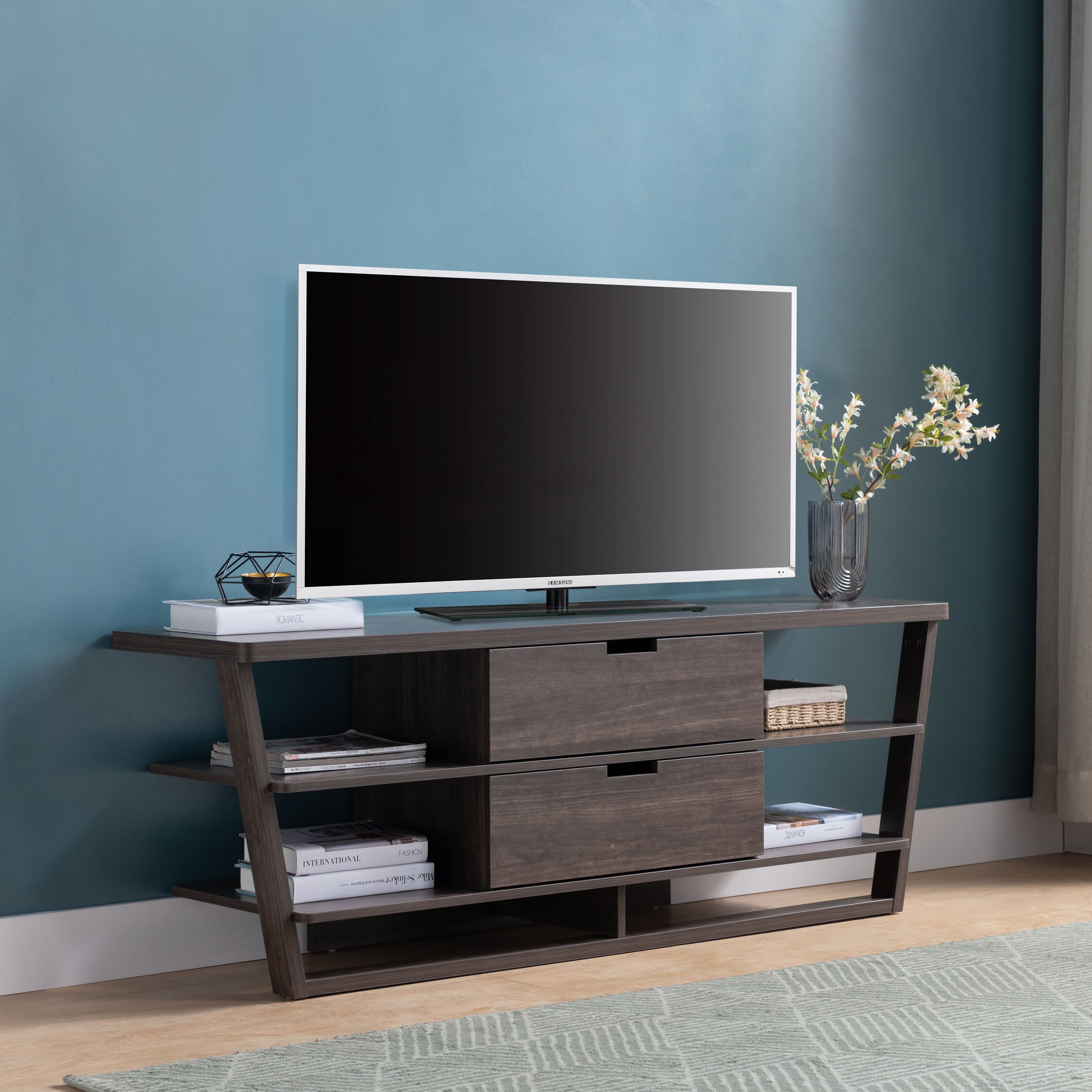 TV Stand With Floating Shelves, Drawers, And Cutout Handles Modern And Functional Design For Entertainment Space - Walnut Brown