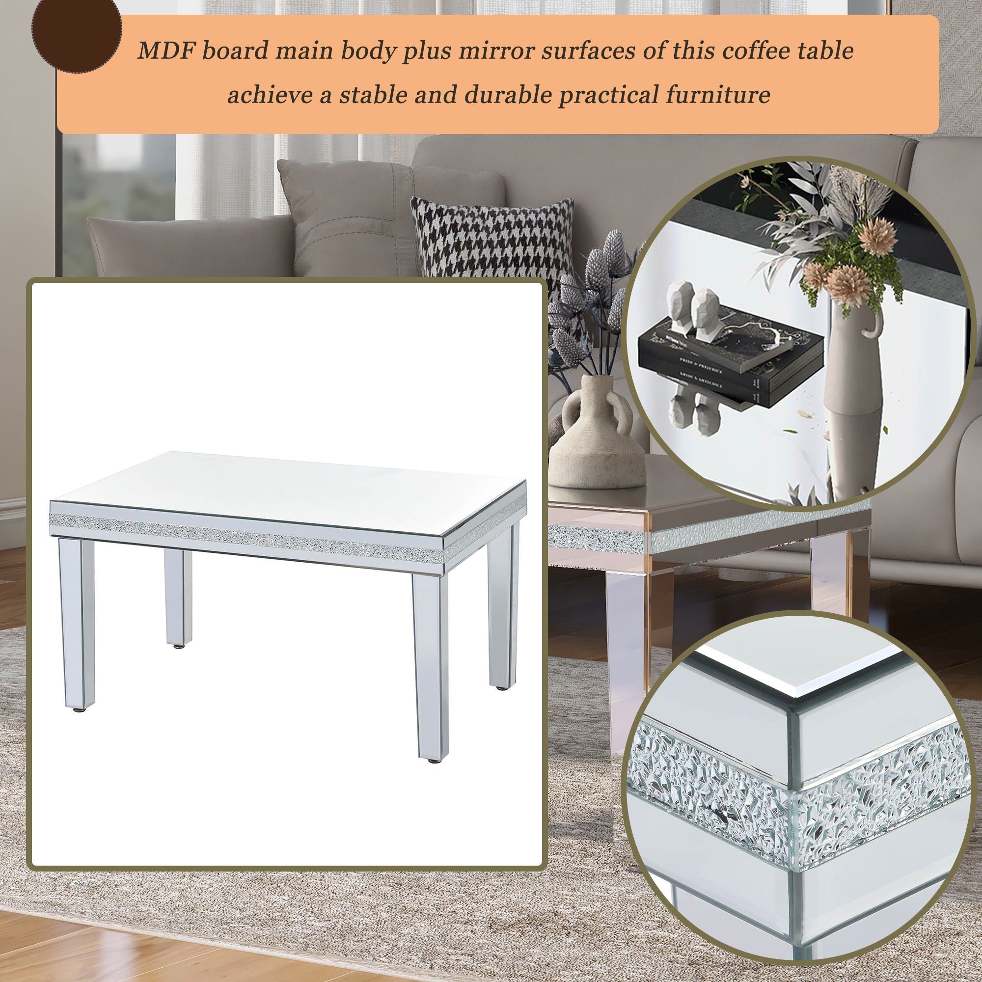 Fashionable Modern Glass MirroredTable With Crystal Design And Adjustable Height Legs