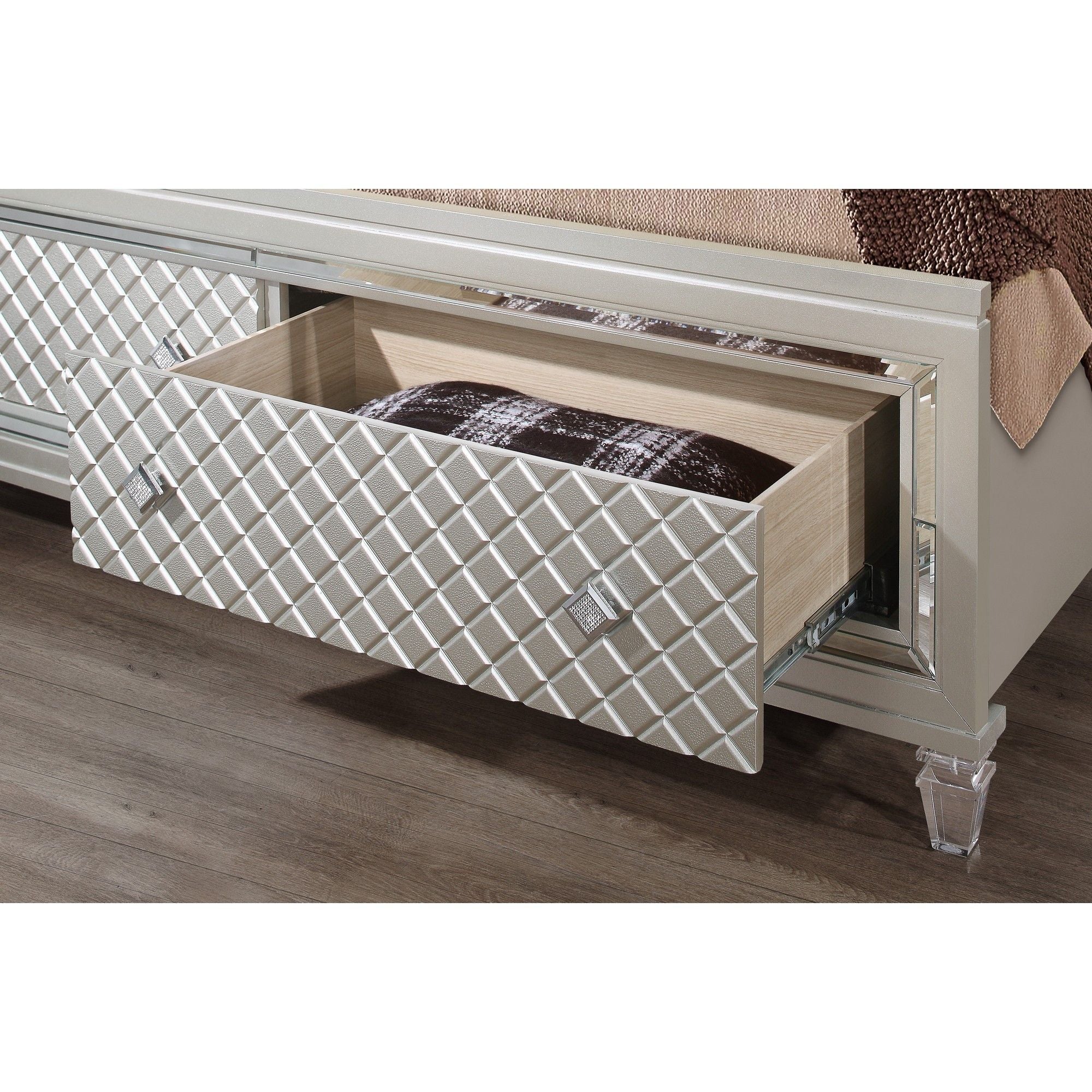 Queen Bed With Padded Headboard Led Lightning 2 Drawer - Champagne Tone