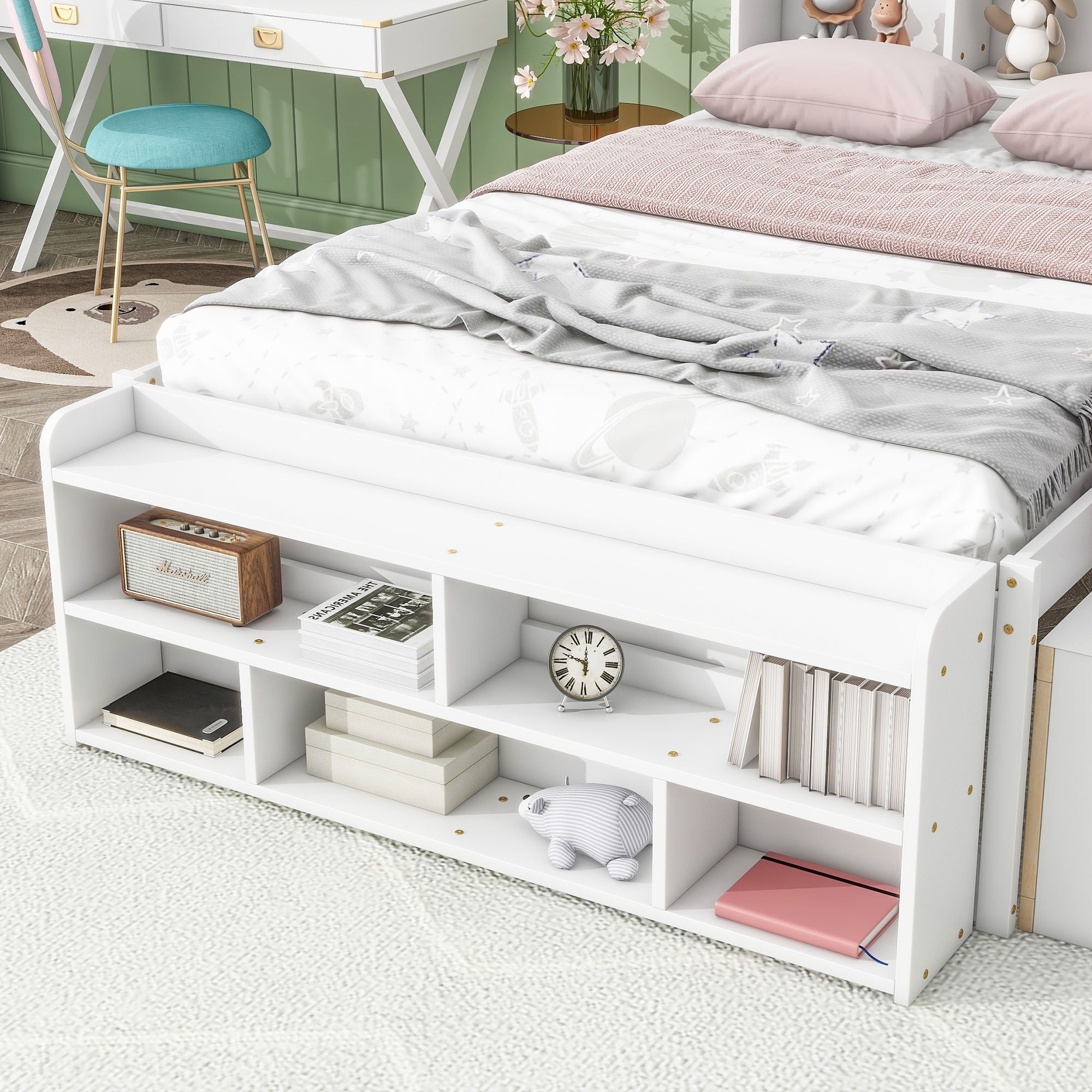 Bed With Bookcase Headboard, Under Bed Storage Drawers And Bed End Storage Case