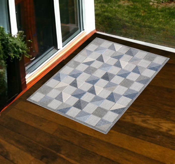 3' X 5' Geometric Stain Resistant Indoor & Outdoor Area Rug - Gray / Blue