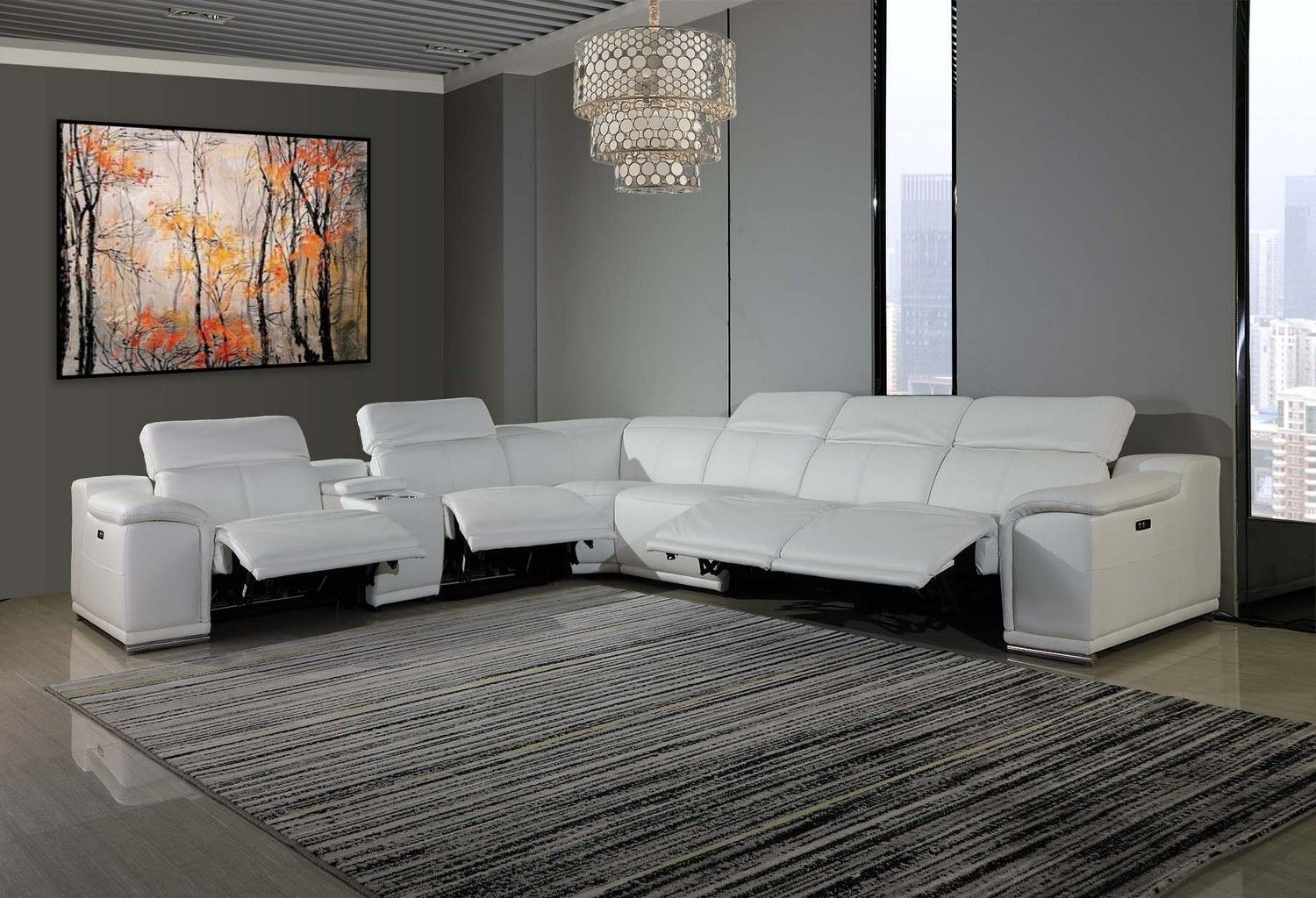 Italian Leather Power Reclining U Shaped Seven Piece Corner Sectional With Console - White