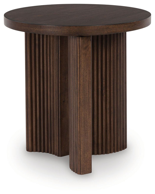 Korestone - Dark Brown - Round End Table by Signature Design by Ashley® | Bel Furniture