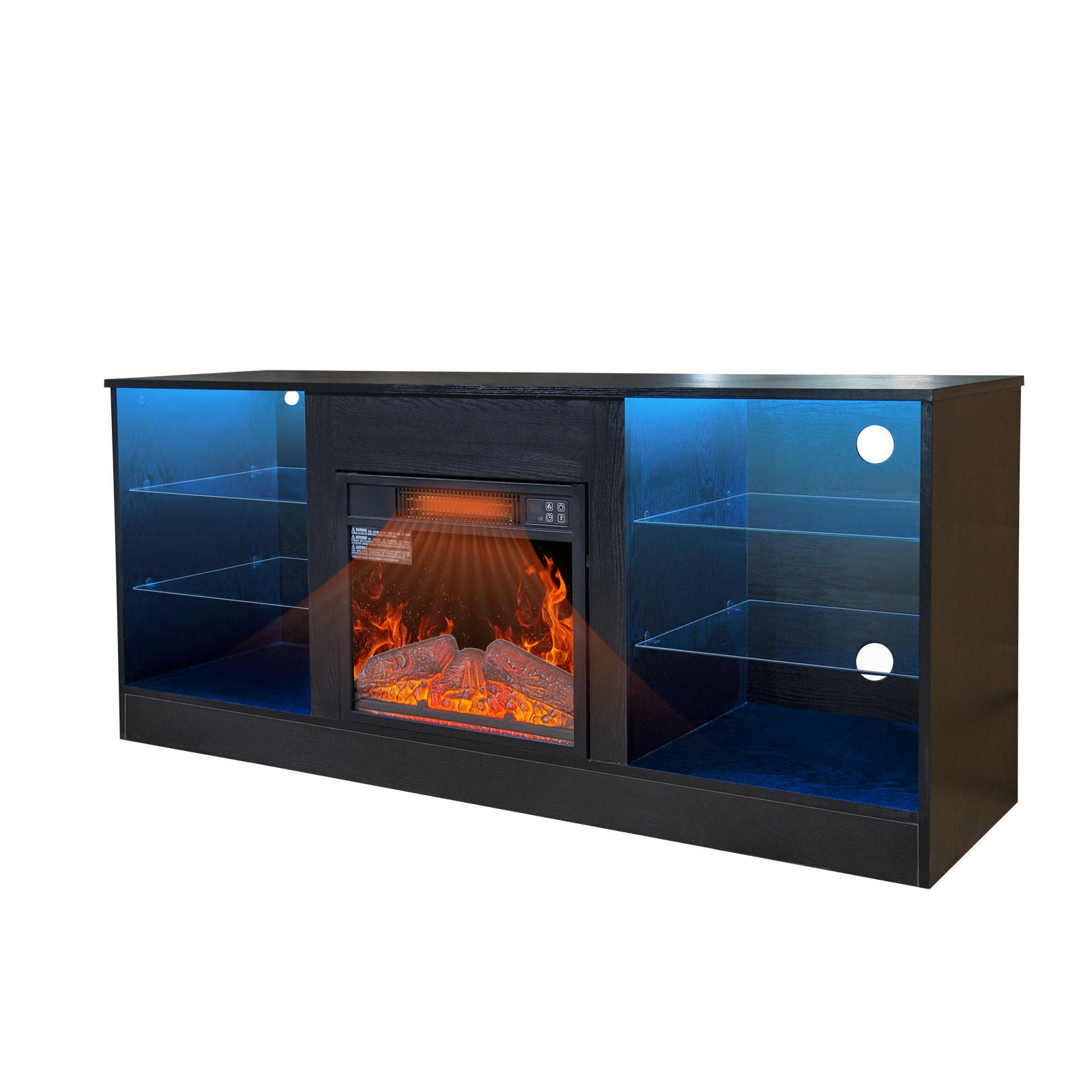 Fireplace TV Stand With 18" Electric Fireplace Heater, Modern Entertainment Center For TVs Up To 62" With Adjustable Glass Shelves And Storage Cabinets