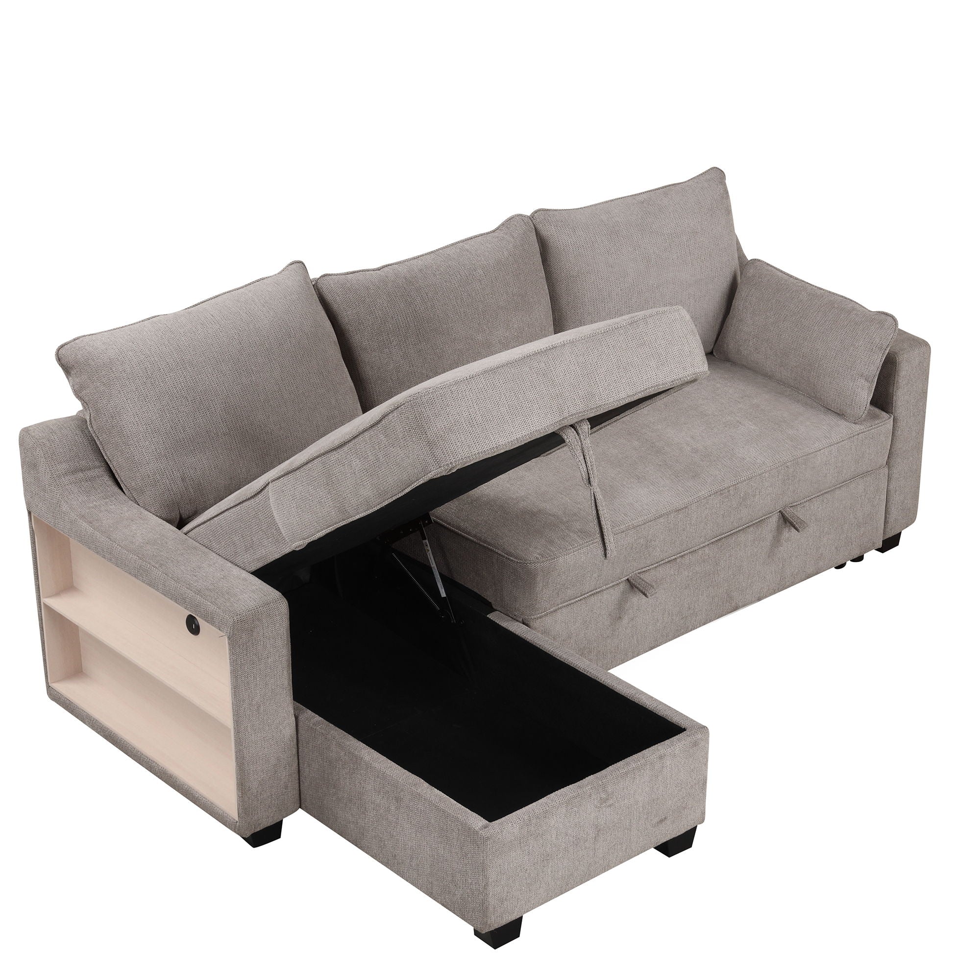 Pull Out Sleeper Sofa L-Shaped Couch Convertible Sofa Bed With Storage Chaise, Storage Racks And USB Ports