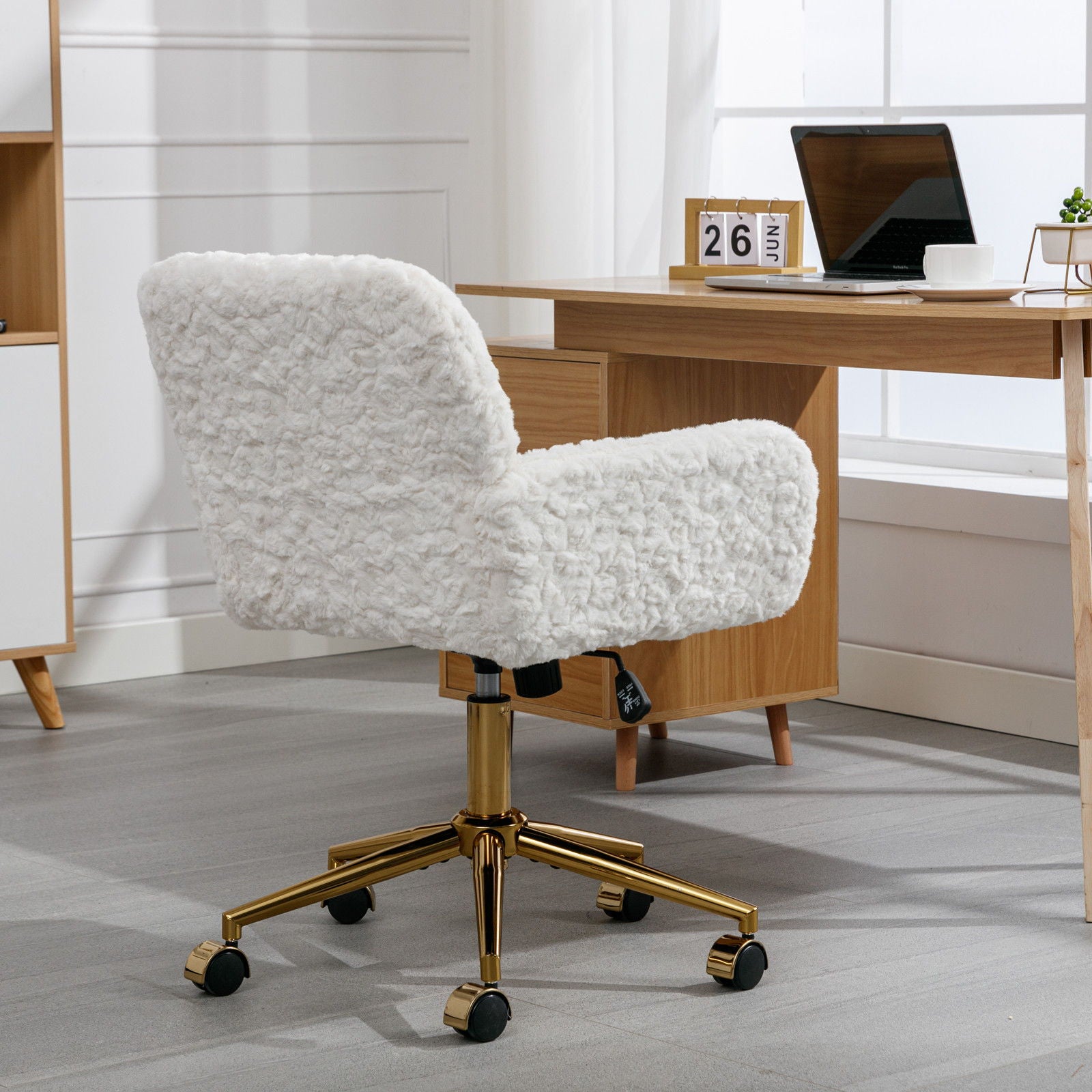 Office Chair, Artificial Rabbit Hair Home Office Chair With Golden Metal Base, Adjustable Desk Chair Swivel Office Chair, Vanity Chair