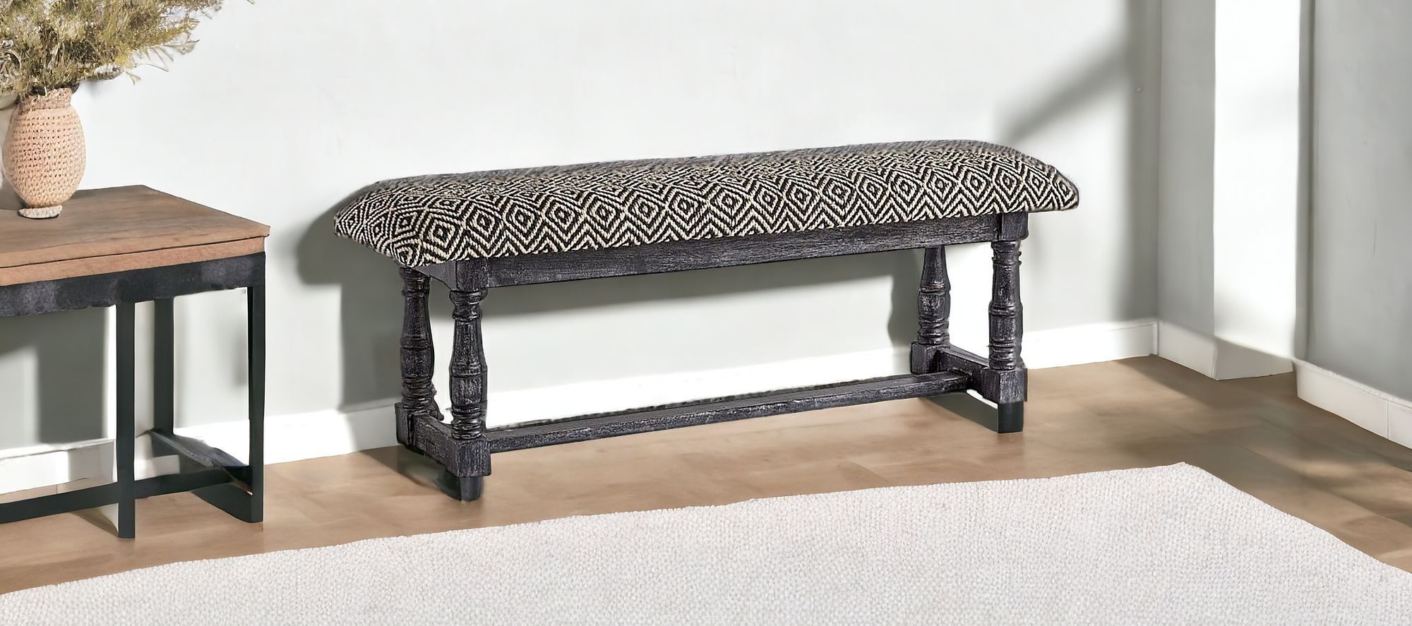 Upholstered Cotton Blend Trellis Bench - Black / White / Gray