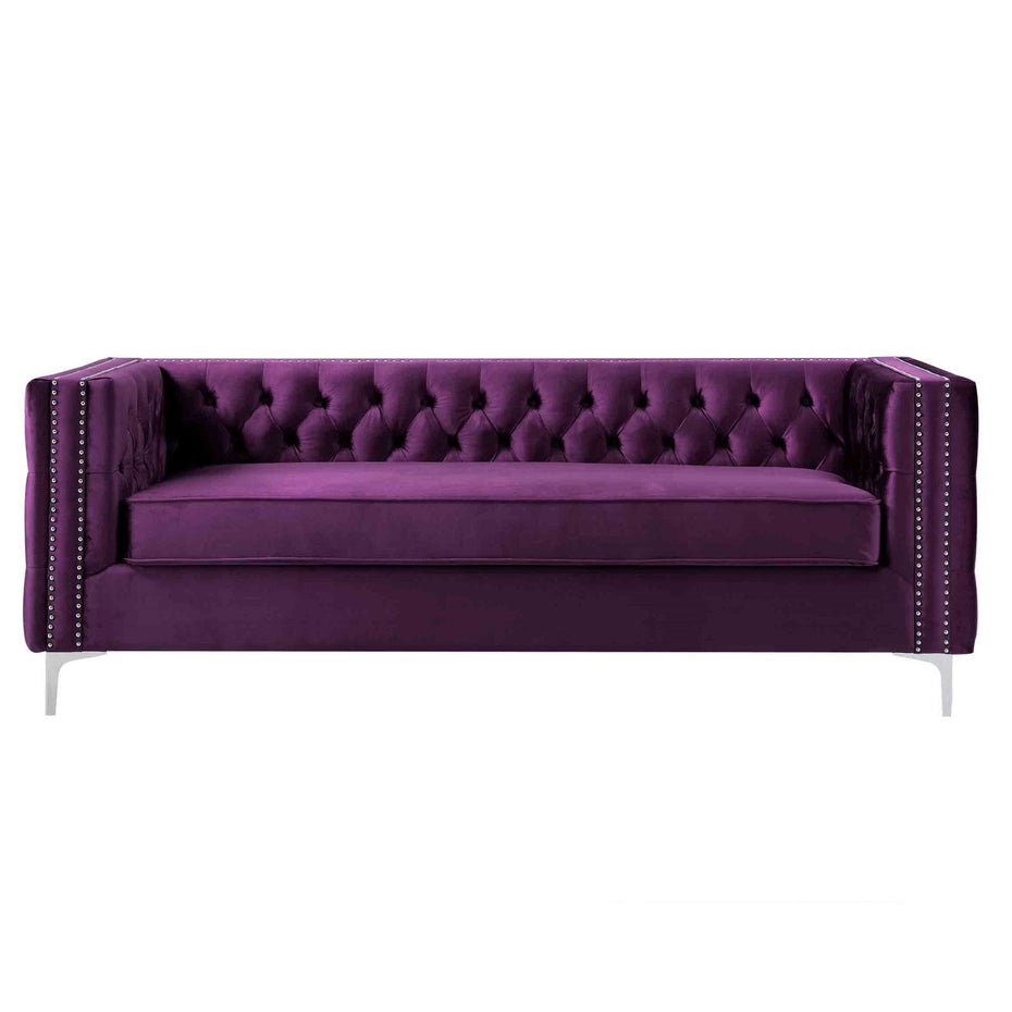 Velvet Sofa With Silver Legs - Purple