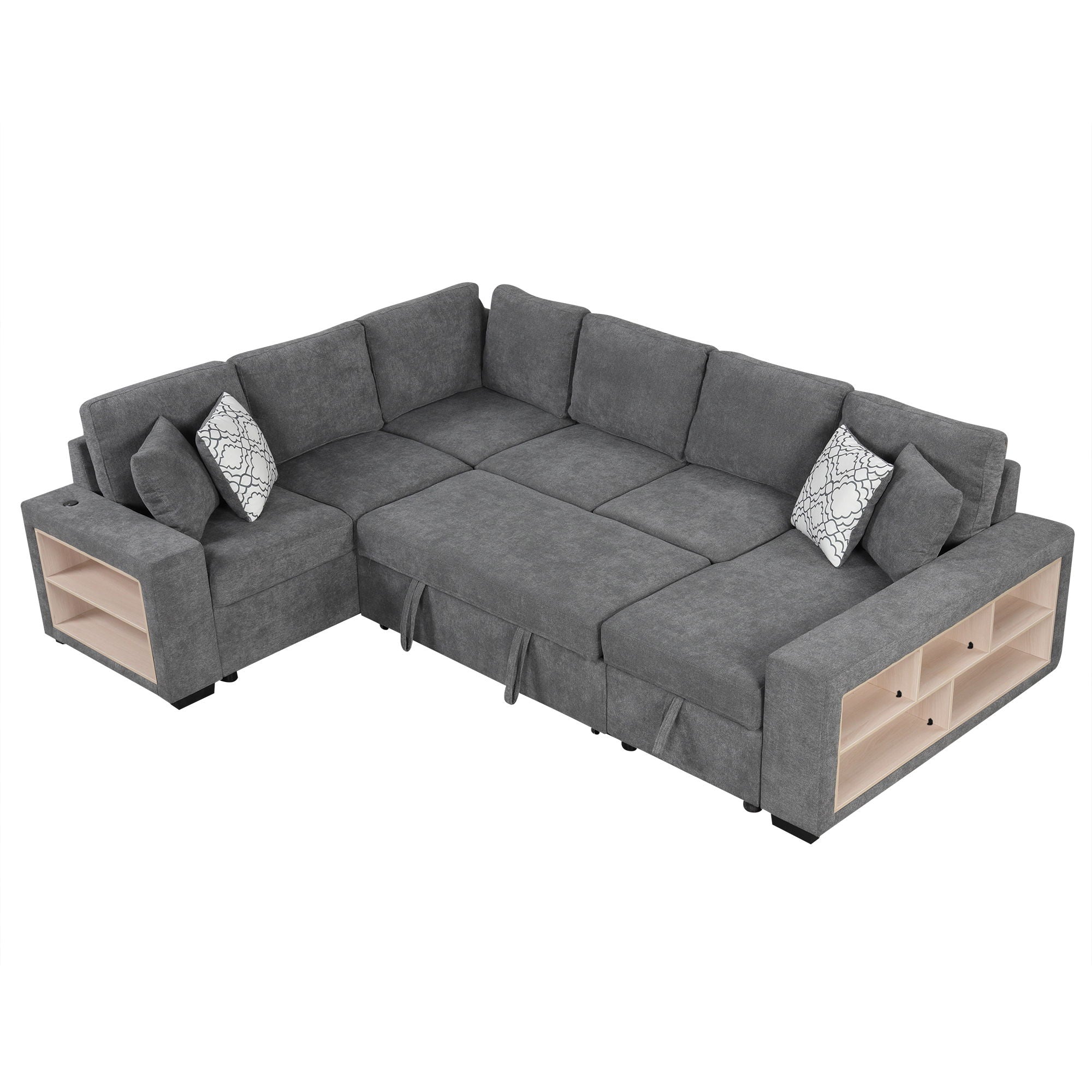 U-Shaped Sectional Sofa Pull-Out Sofa Bed With Two USB Ports, A Storage Chaise Lounge And Four Back Pillows For Living Room