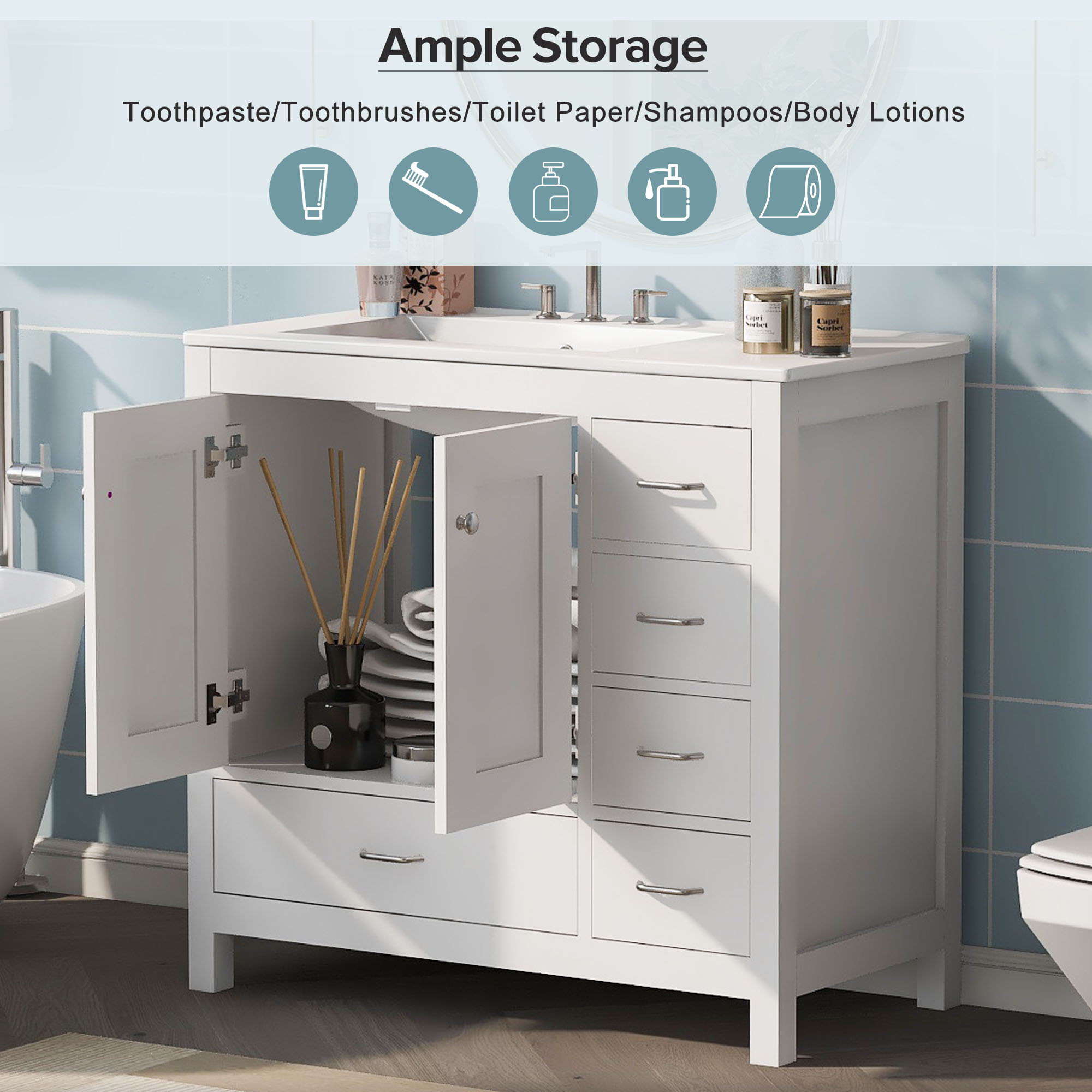 Bathroom Vanity With Ceramic Sink Combo, Abundant Storage Cabinet -2 Soft-Close Doors And 5 Drawers