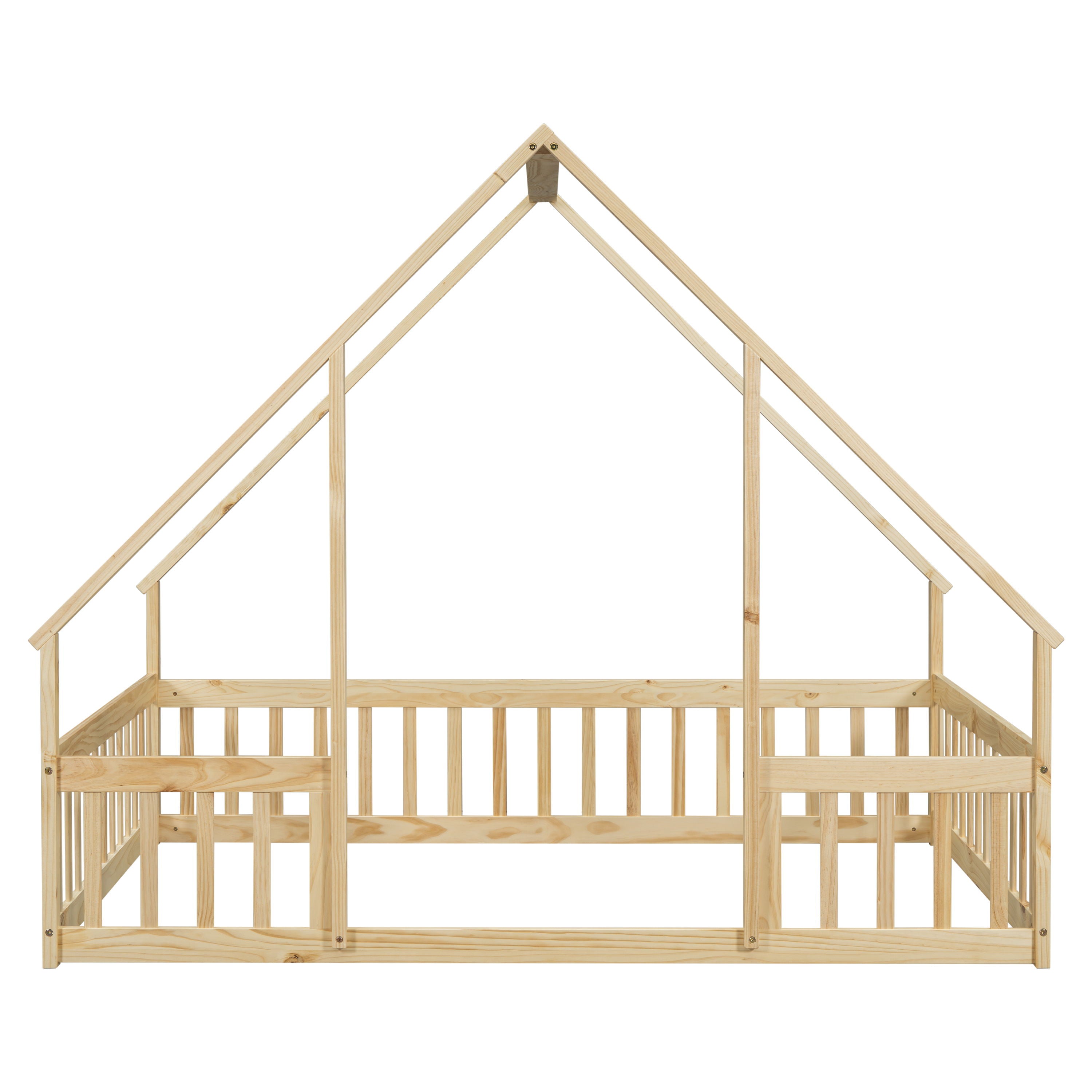 Wood House-Shaped Floor Bed With Fence, Guardrails