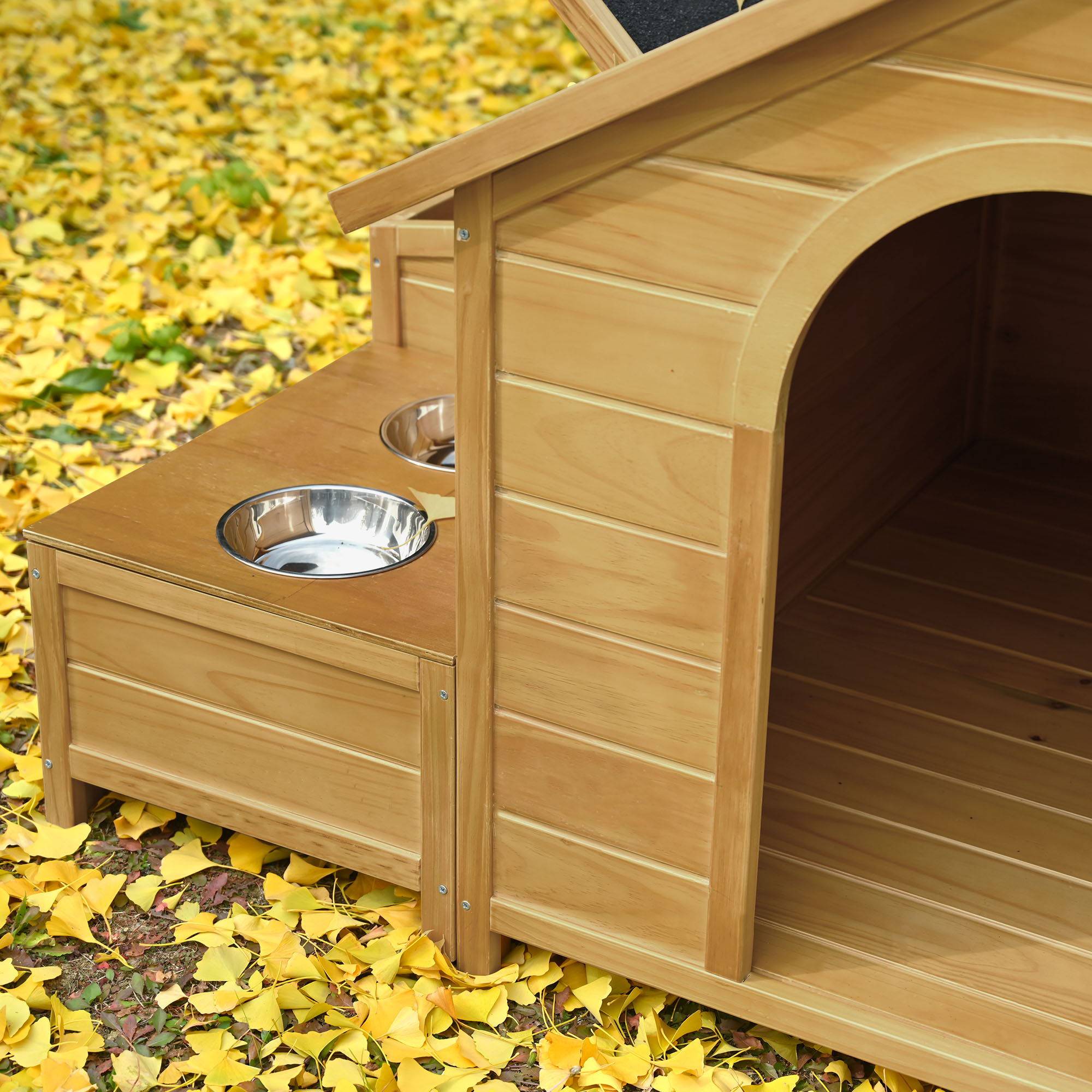 Large Size Wooden Dog House, Dog Crate For Large Dog Breeds, Cabin Style Raised Dog Shelter With Asphalt Roof, Solid Wood, Weatherproof - Nature