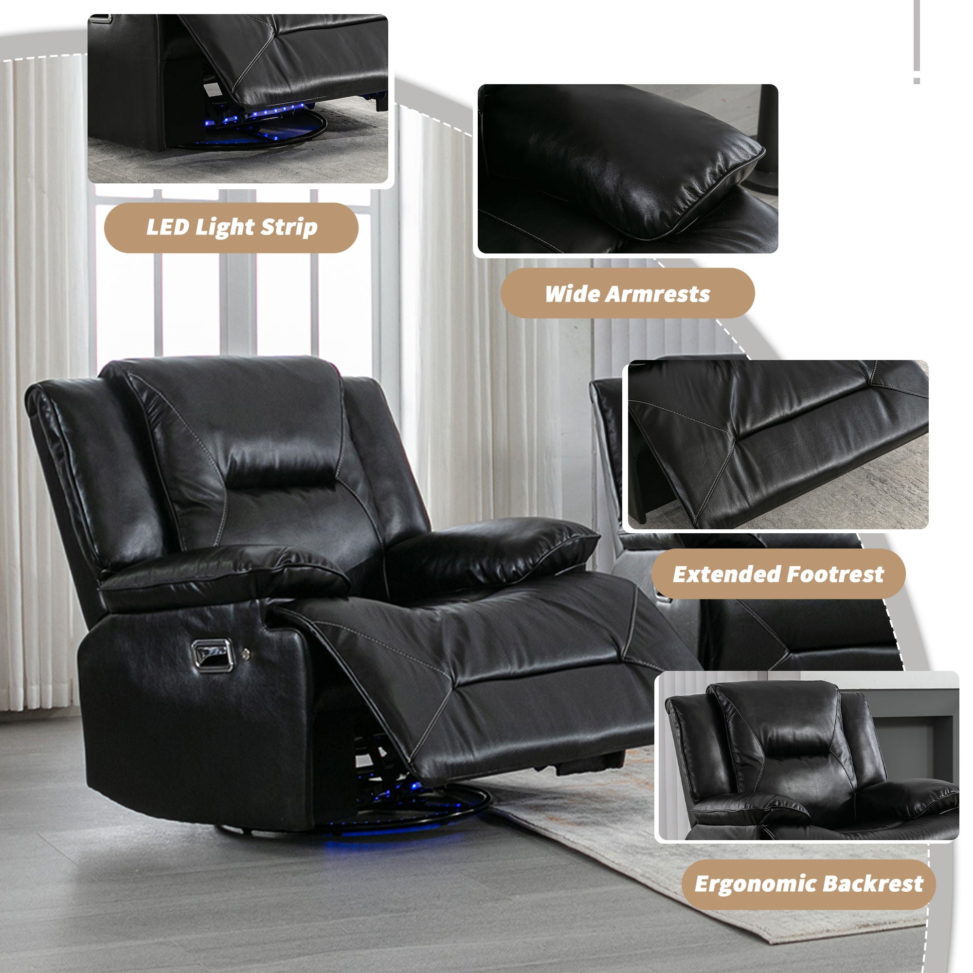 Home Theater Recliner Set Manual Recliner Chair With A Led Light Strip Two Built-In Cup Holders For Living Room