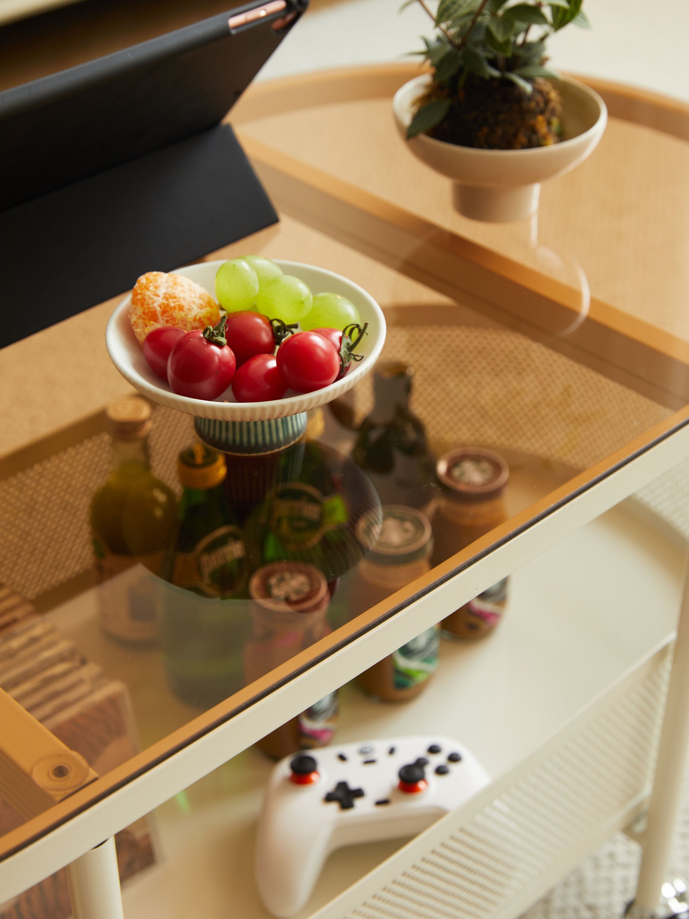 Movable Oval Metal Glass Coffee Table With Storage - White