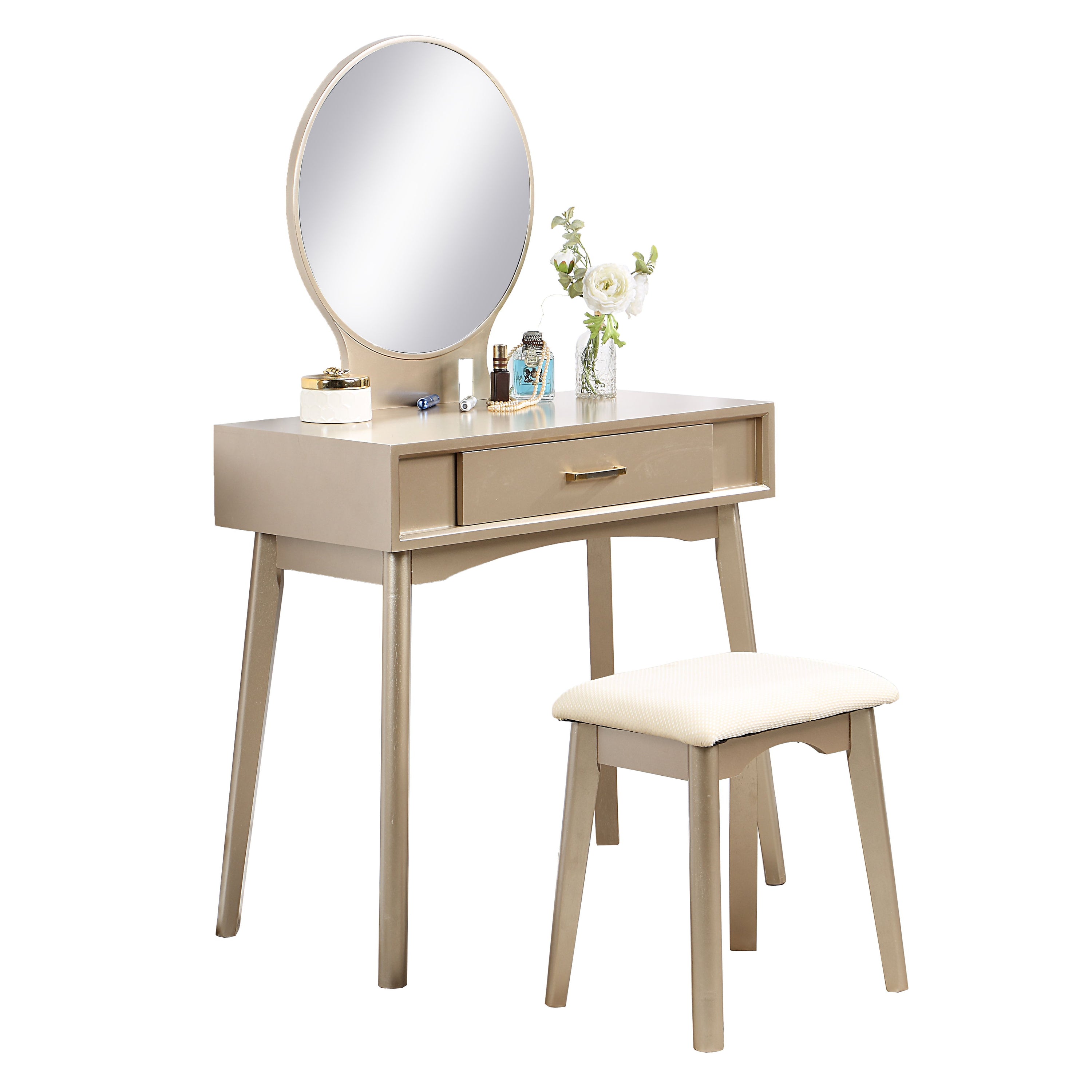 Maly - Contemporary Wood Vanity And Stool Set - Gold