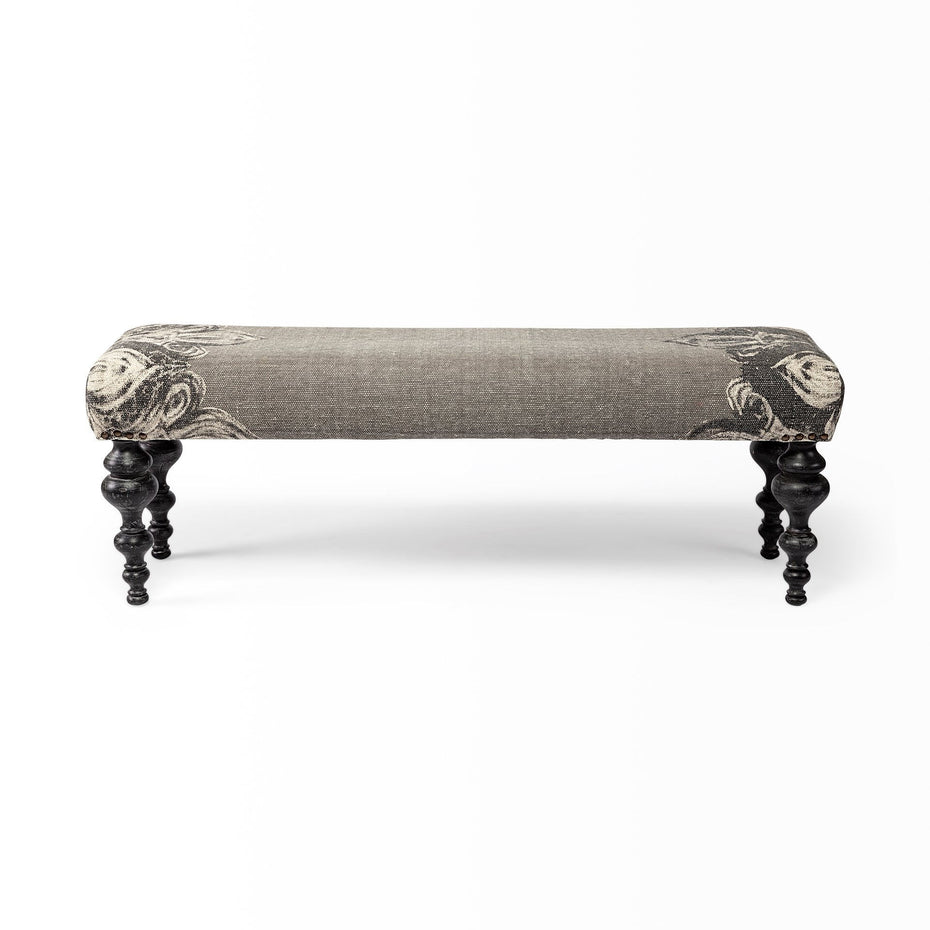 Upholstered Cotton Blend Floral Distressed Bench - Gray / Black