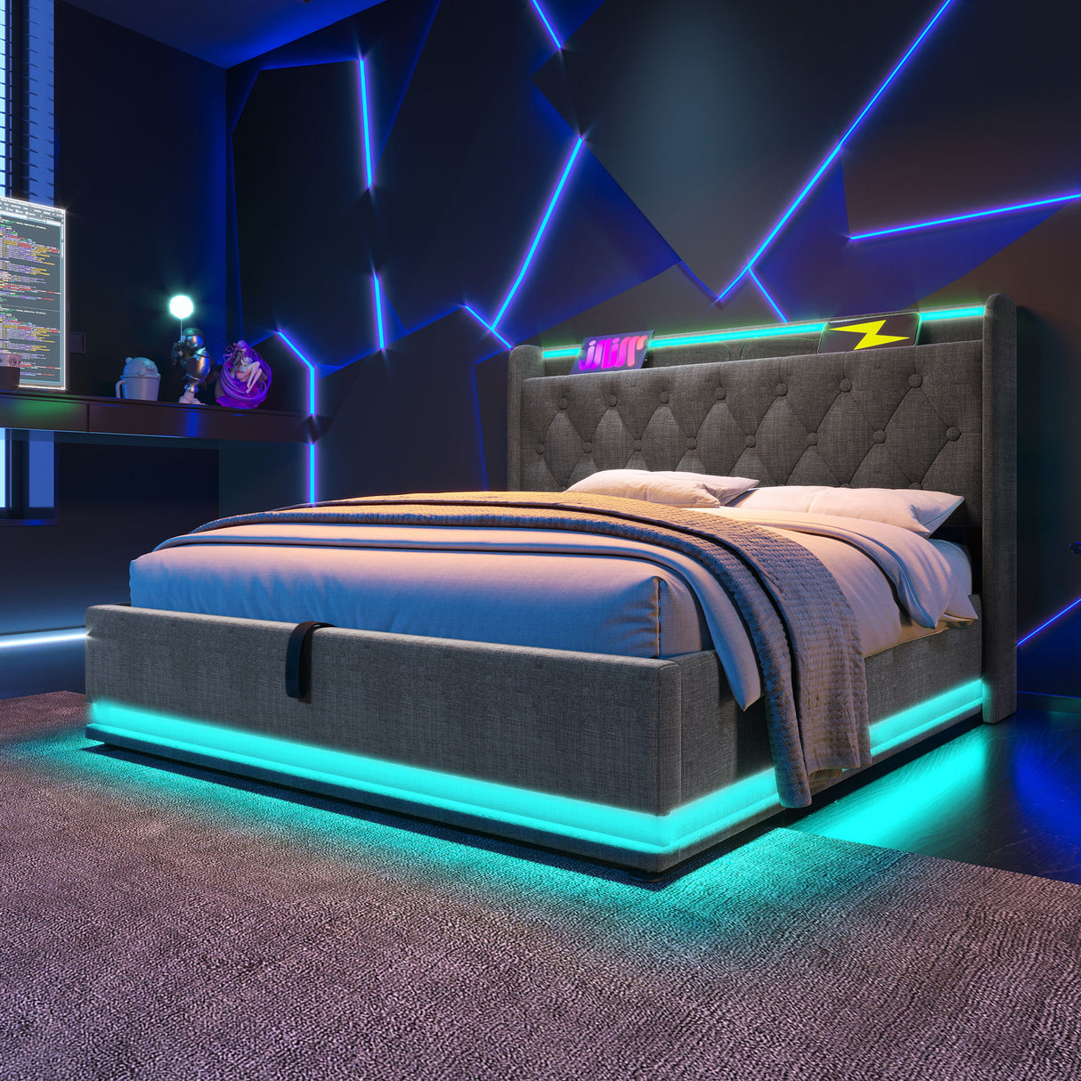 Upholstered Bed, 360 Surround LED Function, Remote Control, Hydraulic Storage Bed With USB, Type-C Charging (Without Mattress)