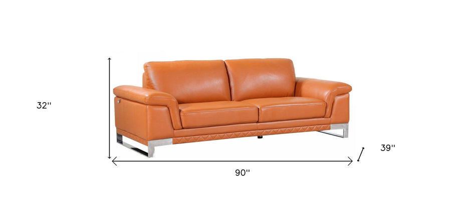 Italian Leather Sofa With Silver Legs - Orange