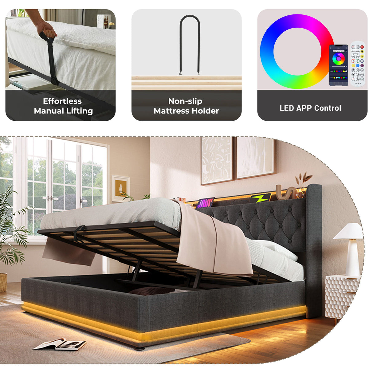 Upholstered Bed, 360 Surround LED Function, Remote Control, Hydraulic Storage Bed With USB, Type-C Charging (Without Mattress)