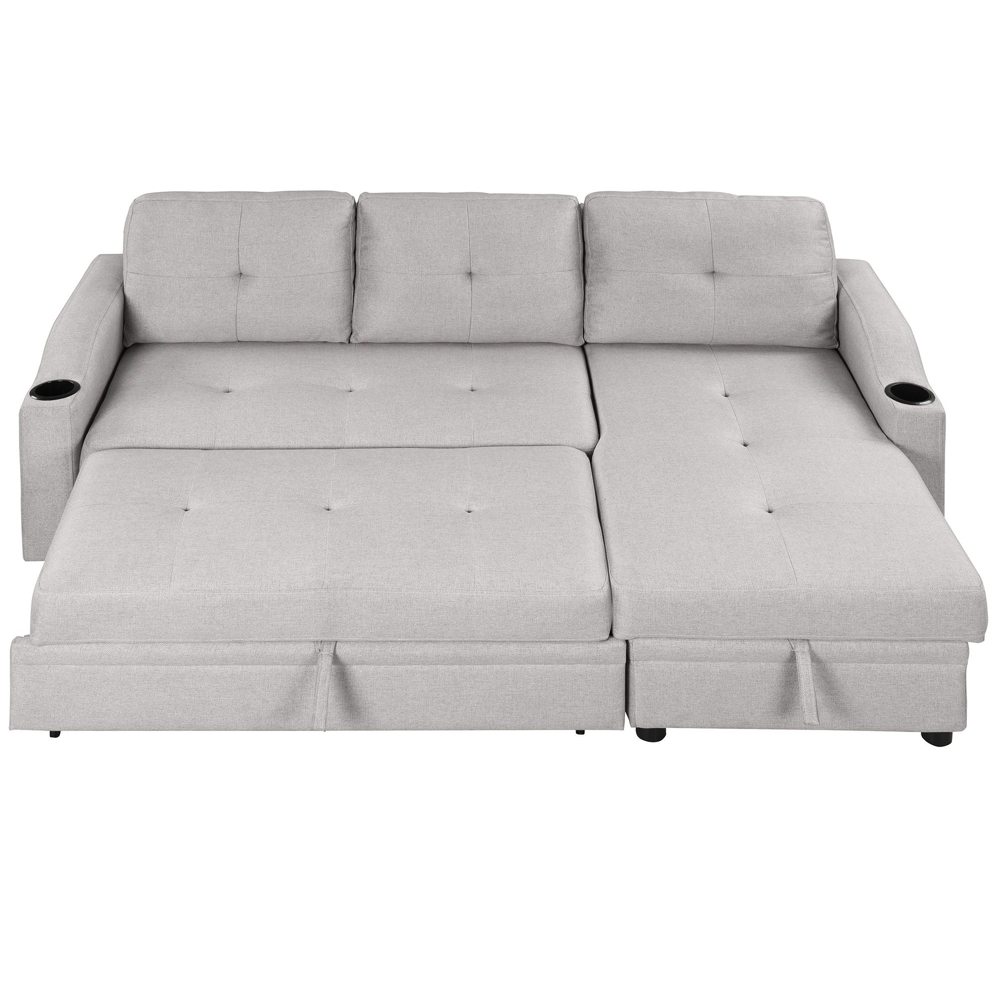 Pull Out Sofa Bed Modern Padded Upholstered Sofa Bed, Linen Fabric 3 Seater Couch With Storage Chaise And Cup Holder, Small Couch For Small Spaces