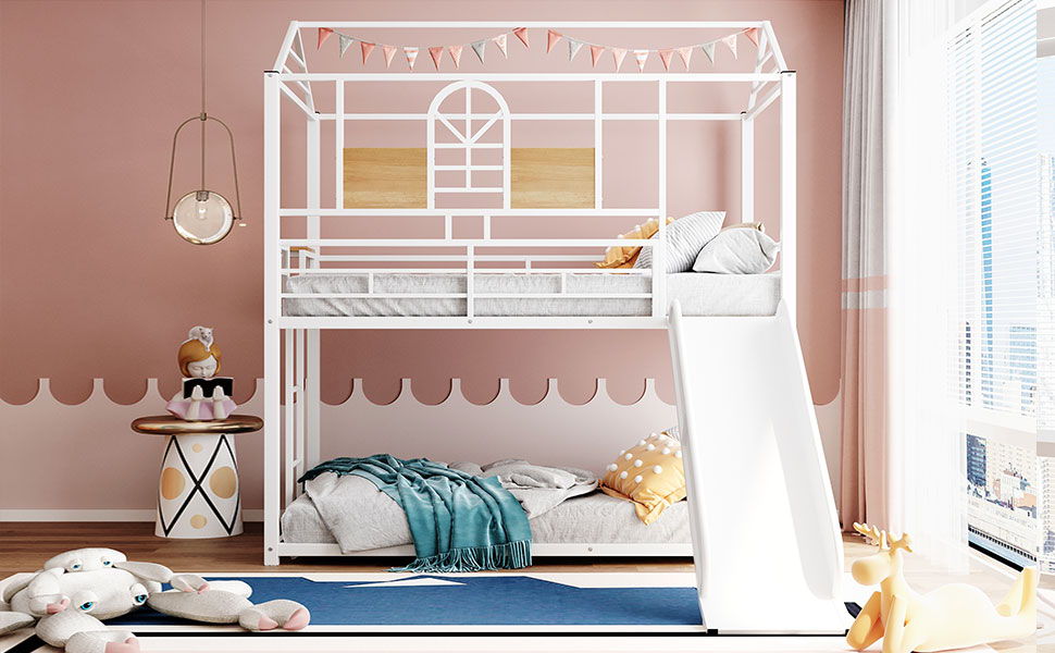 Twin Over Twin Metal Bunk Bed, Metal Housebed With Slide, Three Colors Available