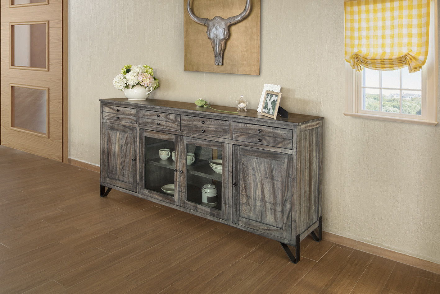 Wood Cabinet ,Enclosed Storage Distressed TV Stand - Gray