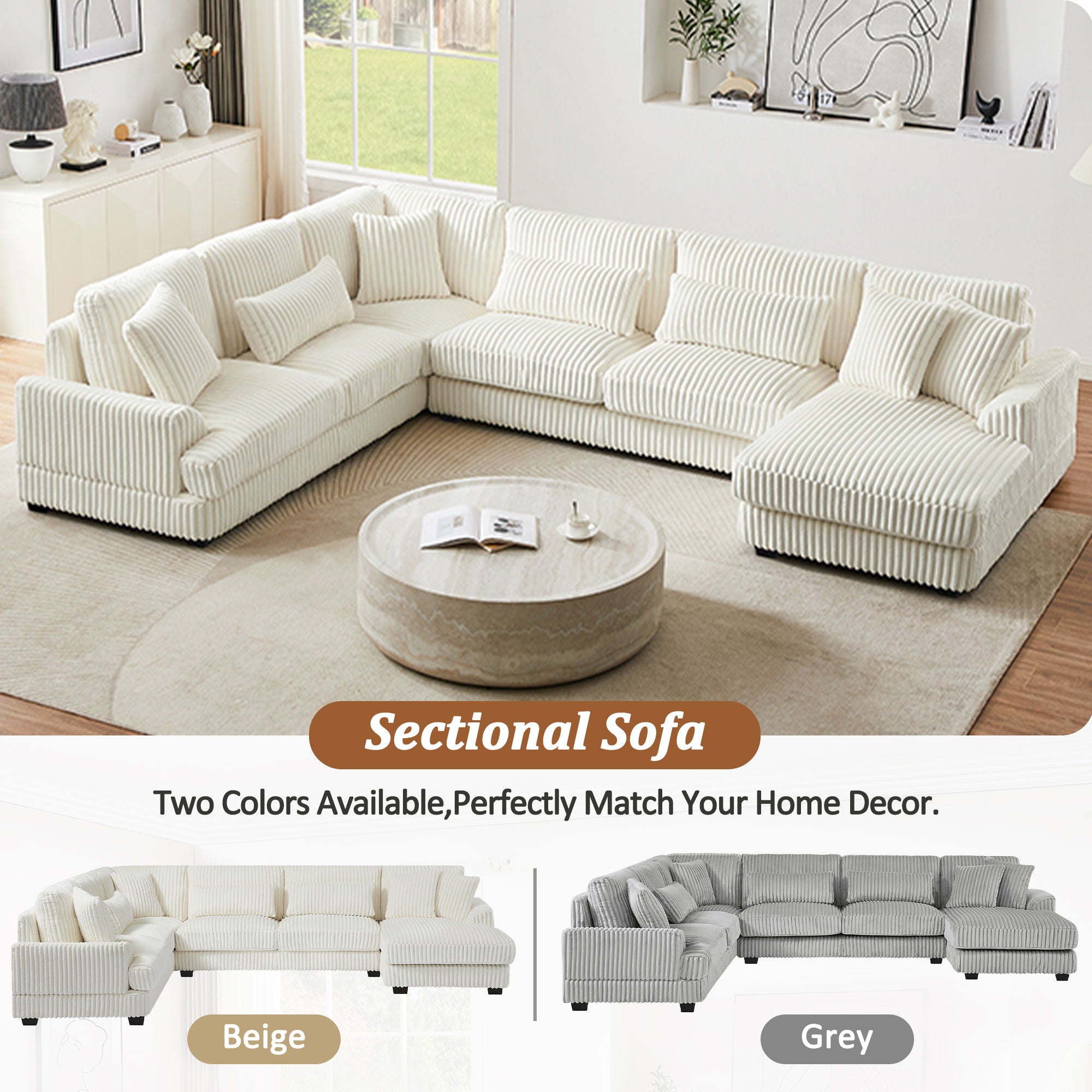 Oversized Sectional Sofa U - Shaped Sofa Couch Modern Sofa Upholstered In Soft Corduroy With A Chaise Lounge For Living Room