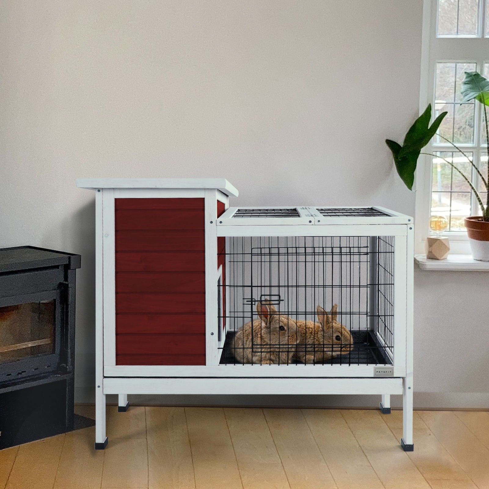 Two Tier Wooden Indoor / Outdoor Rabbit Cage For Small Animals With Runway And Leak-Proof Plastic Tray