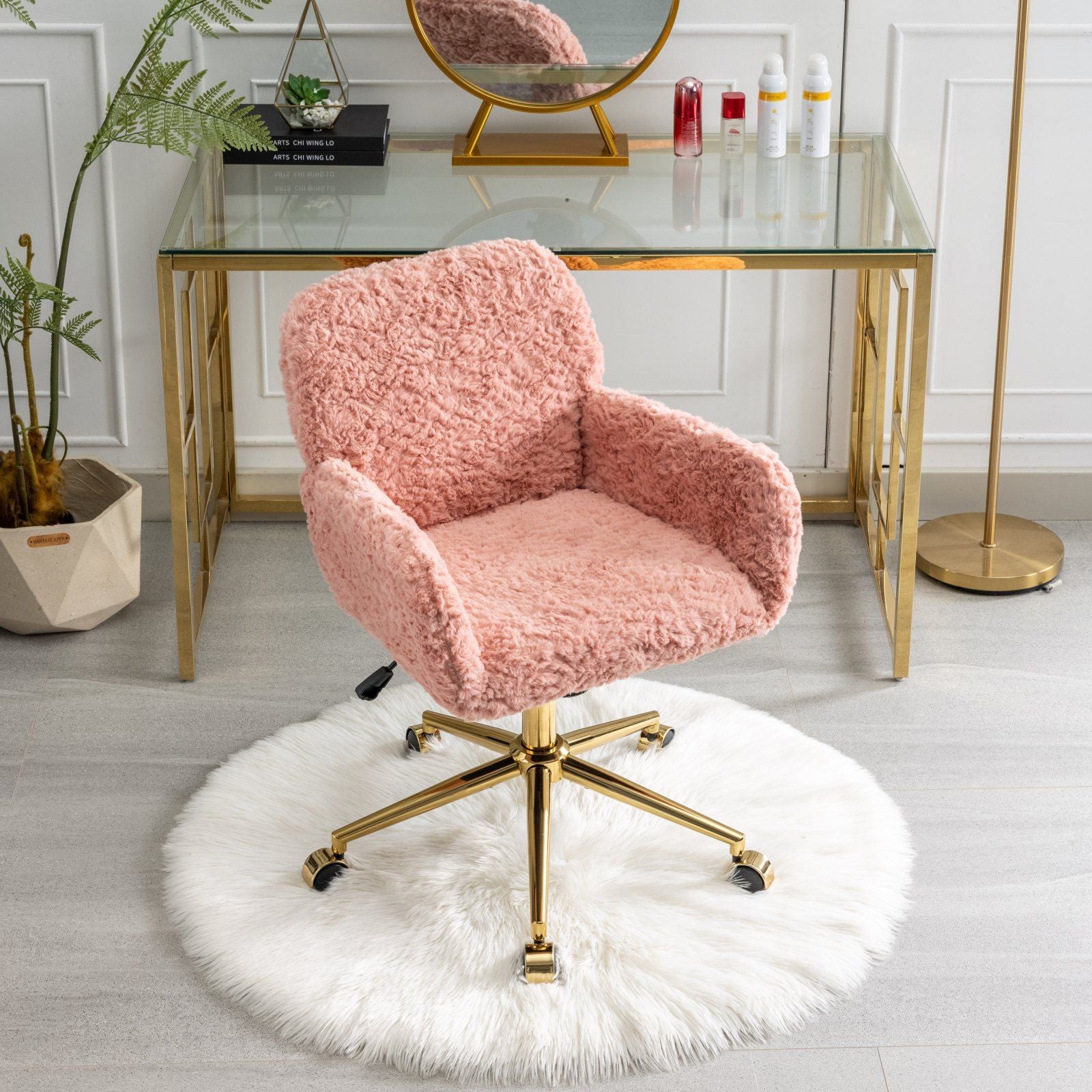 Office Chair, Artificial Rabbit Hair Home Office Chair With Golden Metal Base, Adjustable Desk Chair Swivel Office Chair, Vanity Chair