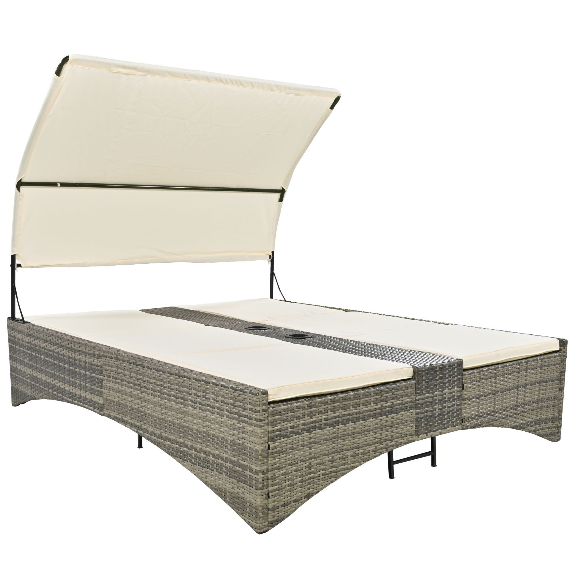 Patio Daybed Outdoor Daybed Sun Lounger With Shelter Roof With Adjustable Backrest, Storage Box And 2 Cup Holders For Patio, Balcony, Poolside