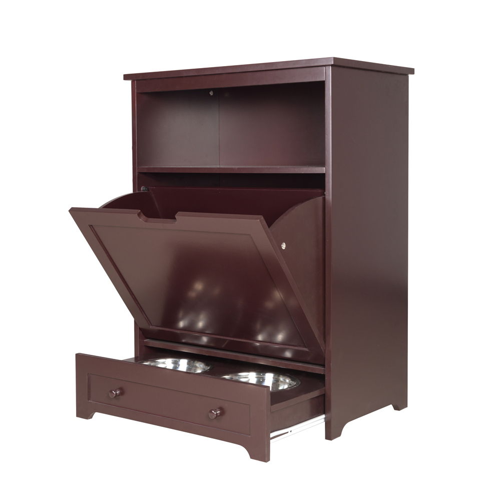 Pet Feeder Station With Storage, Waterproof Painted, Dog And Cat Feeder Cabinet With Stainless Bowl - Brown