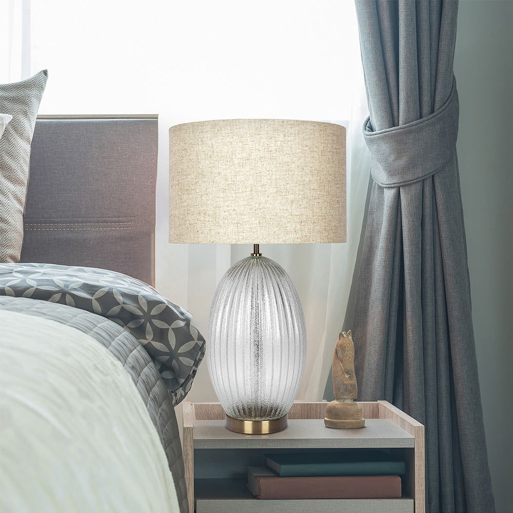 Aurora - Ribbed Lamp Base Clear Table Lamp Large Linen Shade - Beige / Clear / Gold by Ashcroft Furniture | Bel Furniture