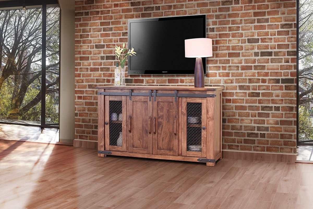 Solid Cabinet Enclosed Storage Distressed TV Stand - Brown