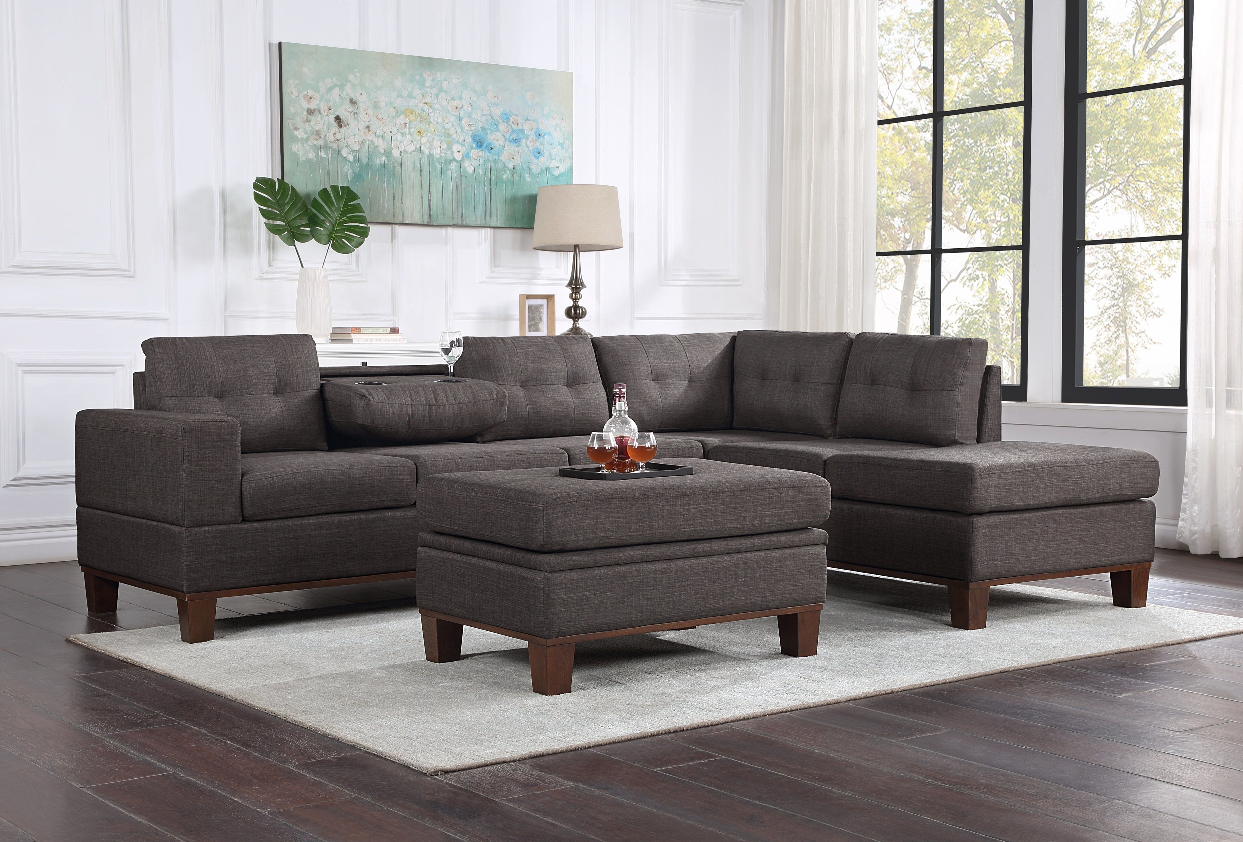 Hilo - Fabric Reversible Sectional Sofa With Dropdown Armrest, Cupholder, And Storage Ottoman