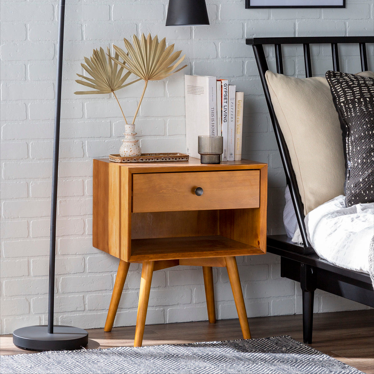 Mid-Century Modern Single Drawer Solid Wood Nightstand by Walker Edison | Bel Furniture