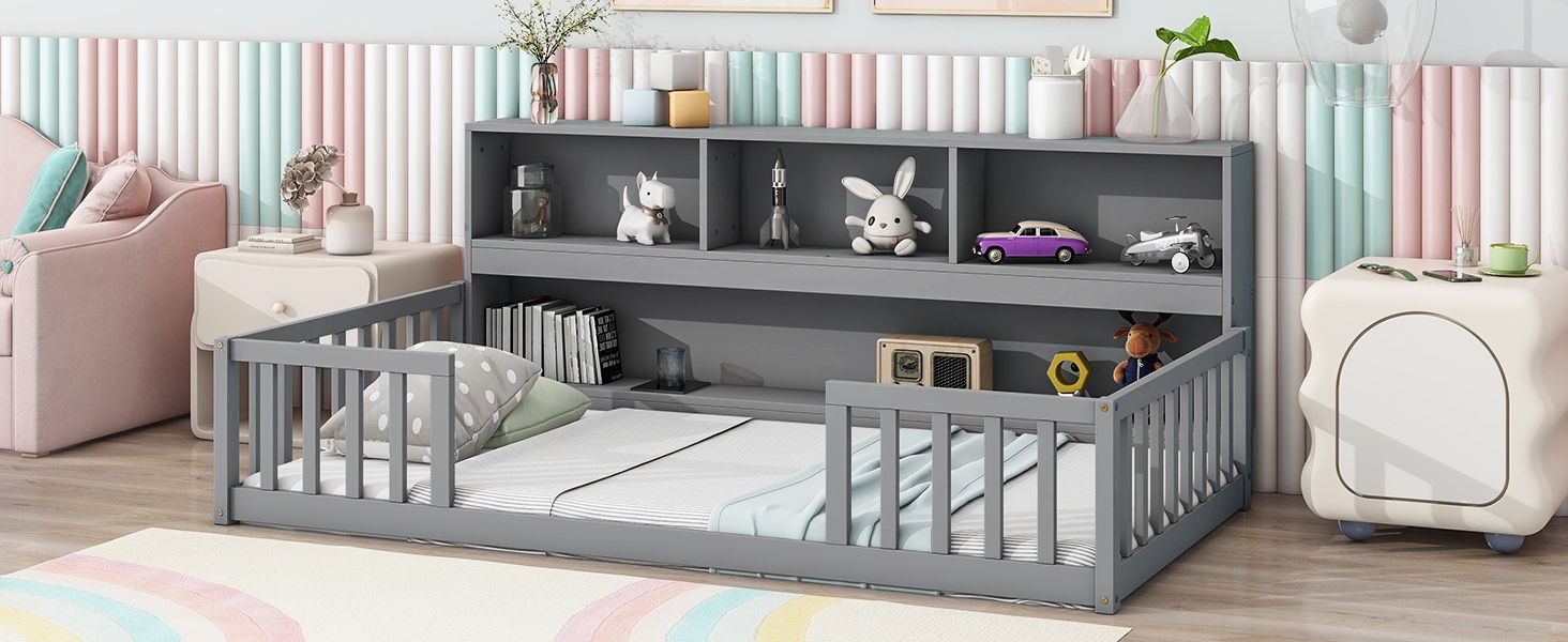 Floor Bed With Bedside Bookcase, Shelves, Guardrails