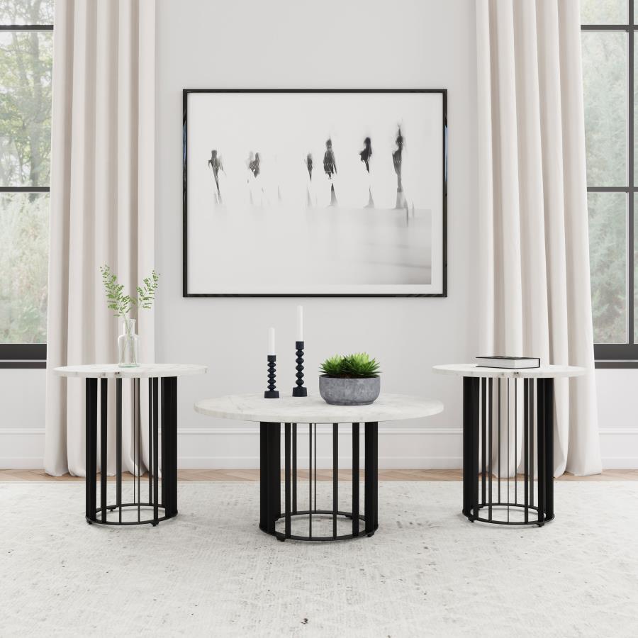 Haven - Round Marble Coffee Table Set Black 3 Pc. Coffee Table, 2 End Tables by Coaster Fine Furniture | Bel Furniture