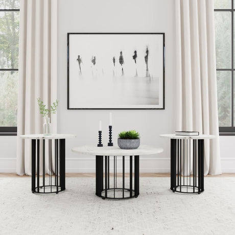 Haven - Round Marble Coffee Table Set Black 3 Pc. Coffee Table, 2 End Tables by Coaster Fine Furniture | Bel Furniture